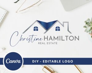 Editable Real Estate Logo, DIY Logo Template on Canva, Blue and Silver Logo, Canva Template, Edit & Download - House Logo - DIY Logo Design