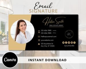 DIY Email Signature Template Black and Gold - Real Estate Marketing, Email Footer Image - Fully Editable Canva Template - Edit and Download