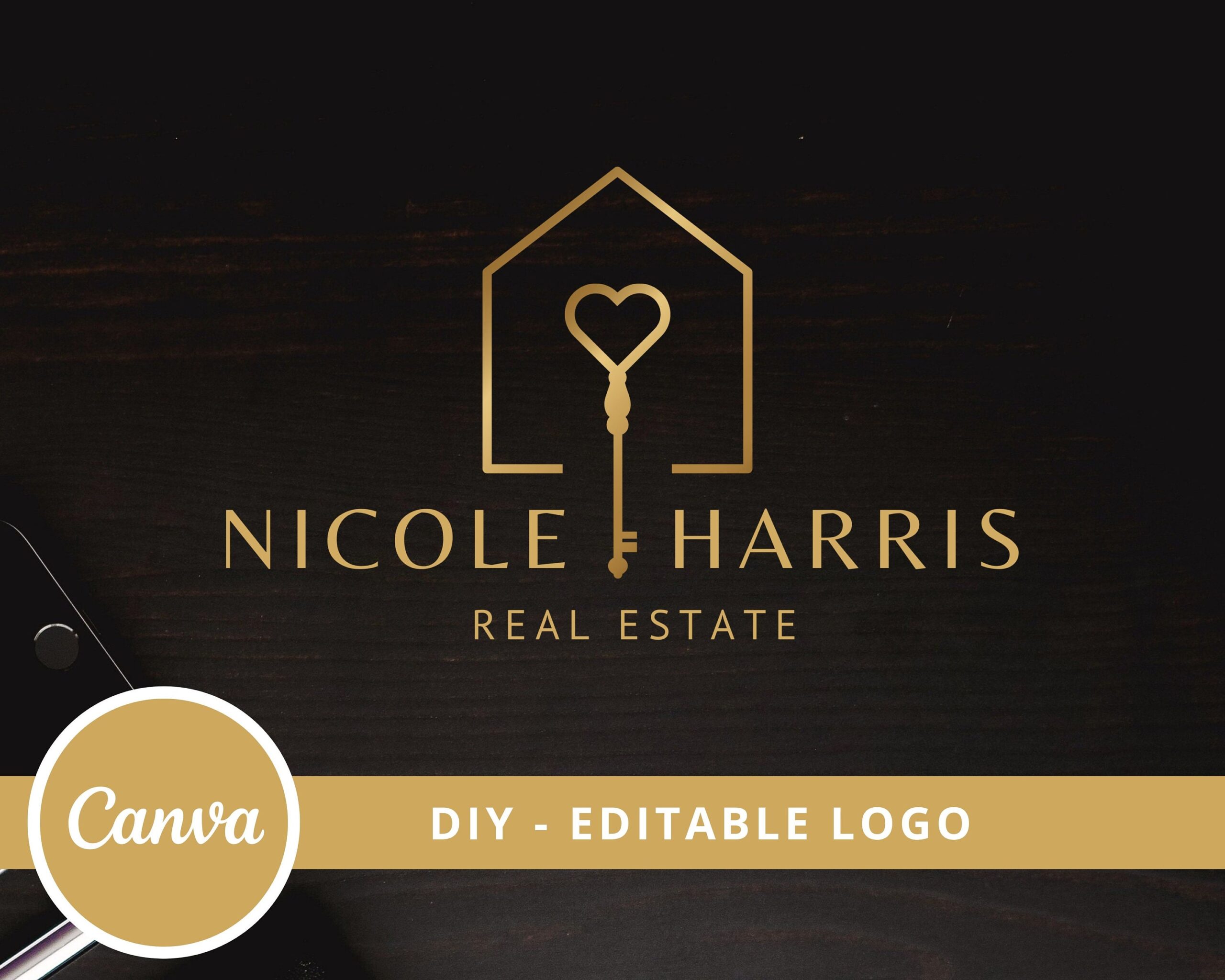DIY Real Estate Logo Design, Fully Editable, Canva Template, Heart and Key Logo, Black Gold Designs, Real Estate Marketing, Instant Access