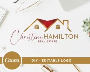 Editable Real Estate Logo, DIY Logo Canva Template, Red and Gold Realtor Logo, Signature Logo, House Logo, Instant Access, Edit & Download