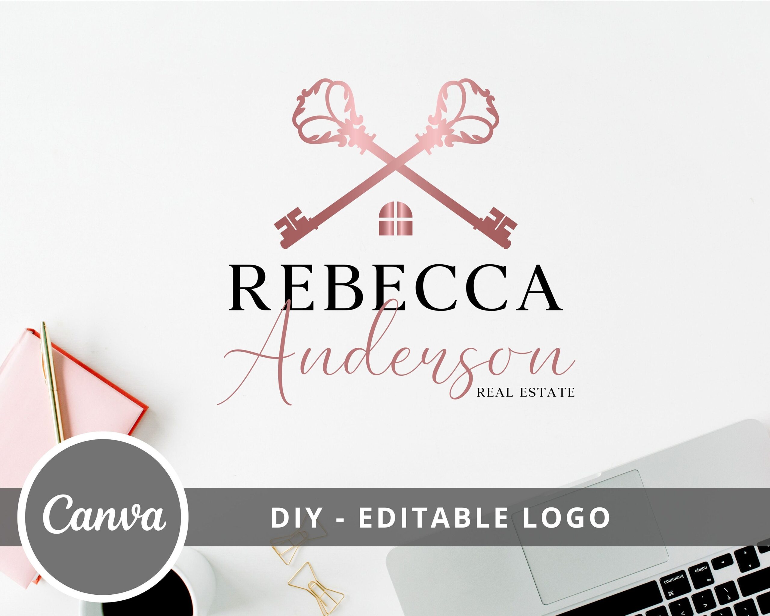 DIY Editable Real Estate Rose Gold Logo Design, Editable Template for Real Estate Agents, Canva Logo, Instant Access, Edit & Download