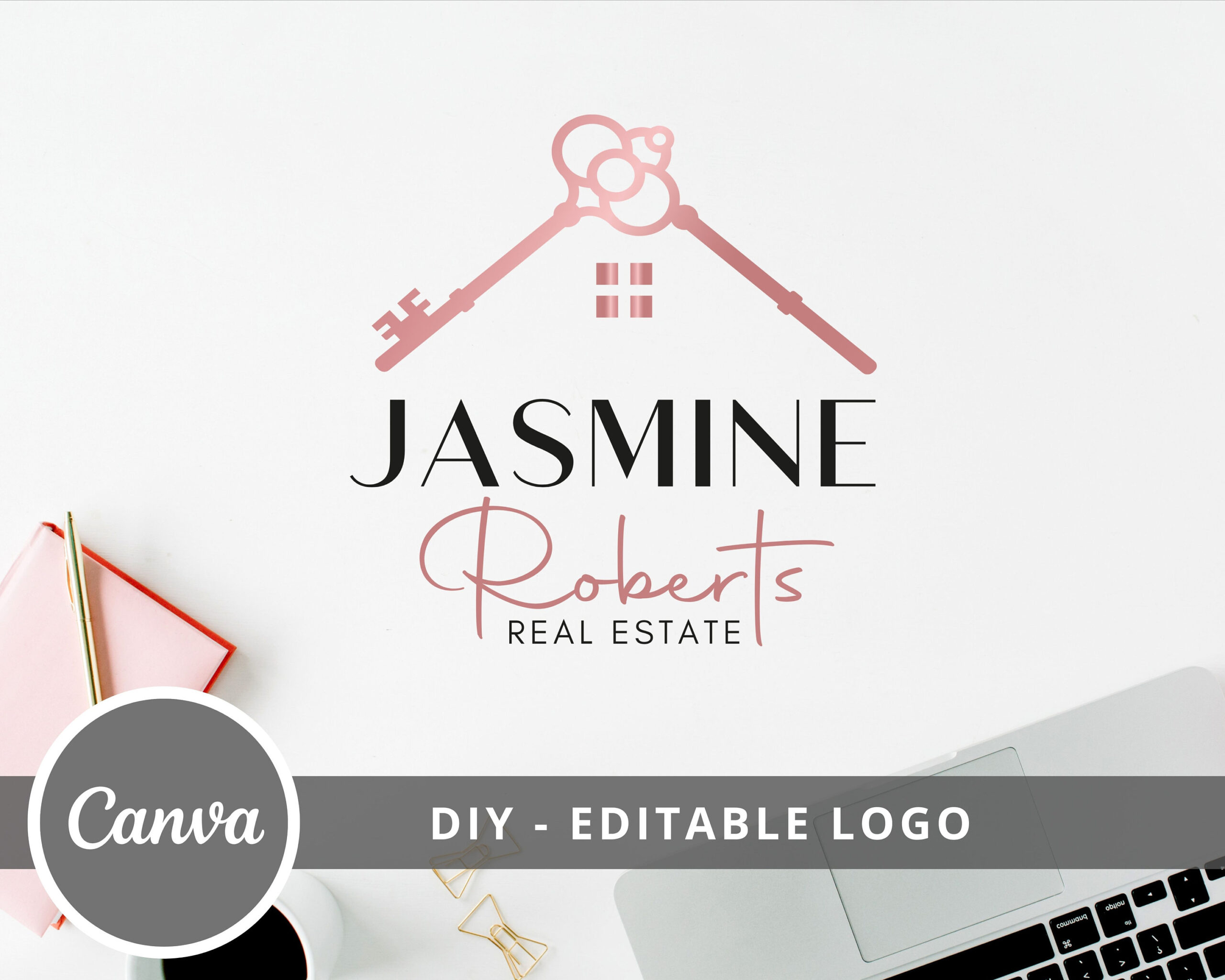 Editable Rose Gold Logo Design, DIY Logo Canva Template, Realtor Logo, Signature Logo, Key and House Logo, Instant Access, Edit & Download