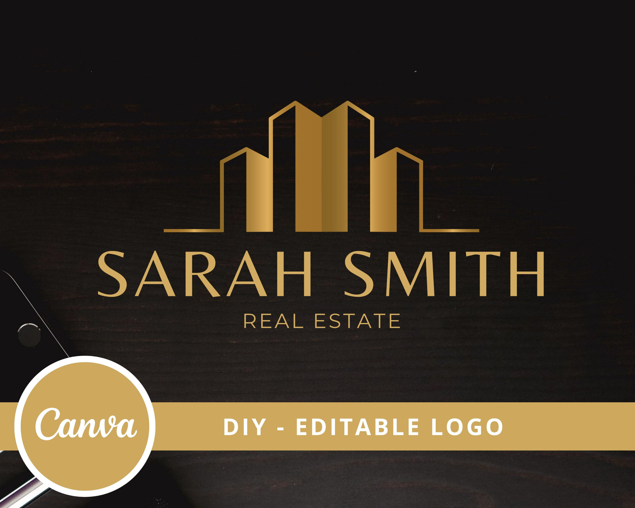 Editable Real Estate Logo Design, DIY Logo, Modern Buildings Black Gold, Canva Template, Instant Access, Edit and Download, Fully Editable
