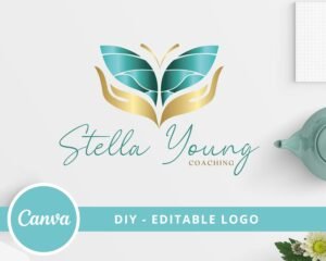 Editable Logo Design, Canva Template, Teal Green Wellness Life Coaching Logo, Butterfly Logo, Hand Logo, DIY Psychology Logo, Instant Access