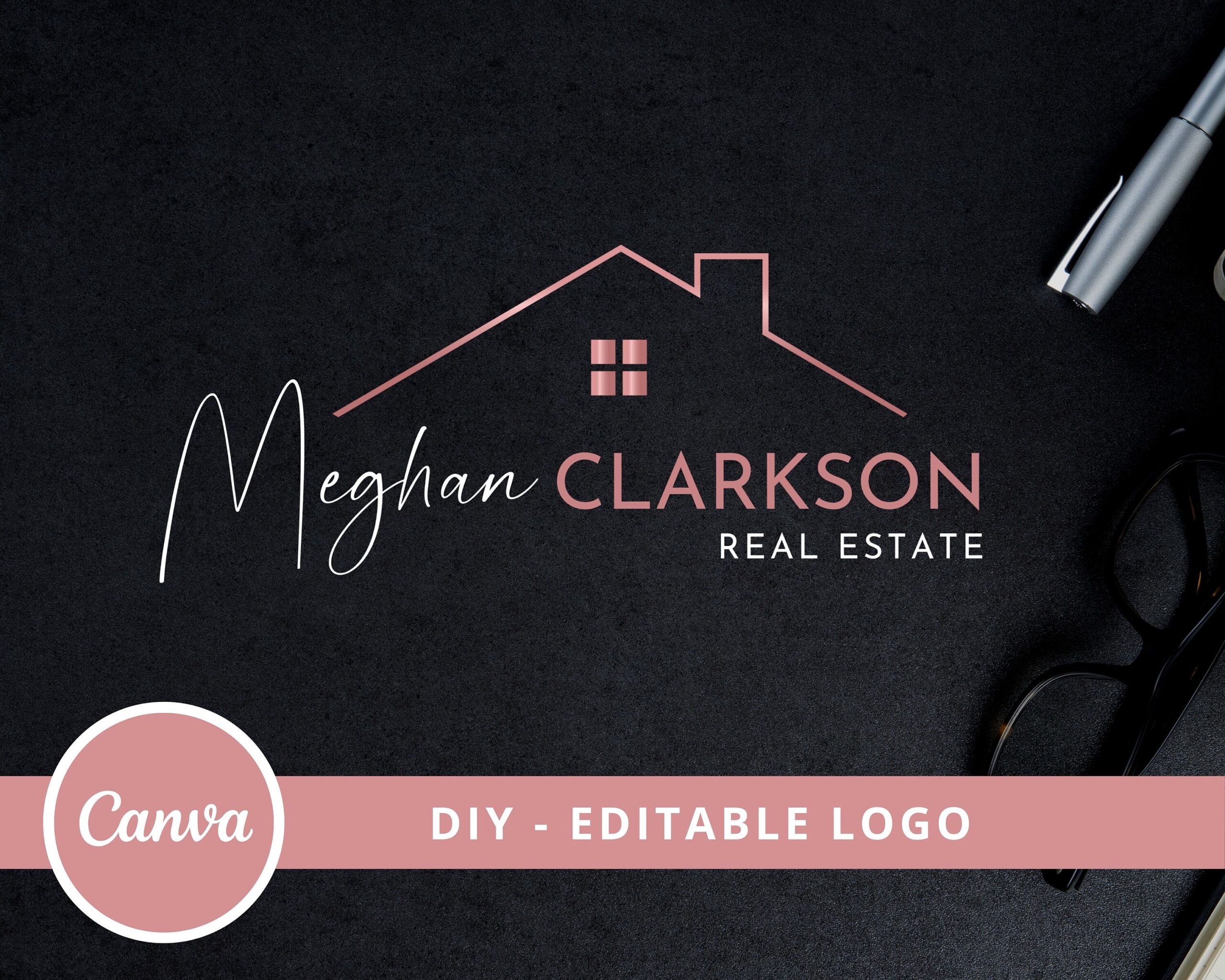Editable House Logo Design for Real Estate Agents, DIY Rose Gold Template in Canva, Realtor Logo, Signature Logo, Edit Now, Instant Access