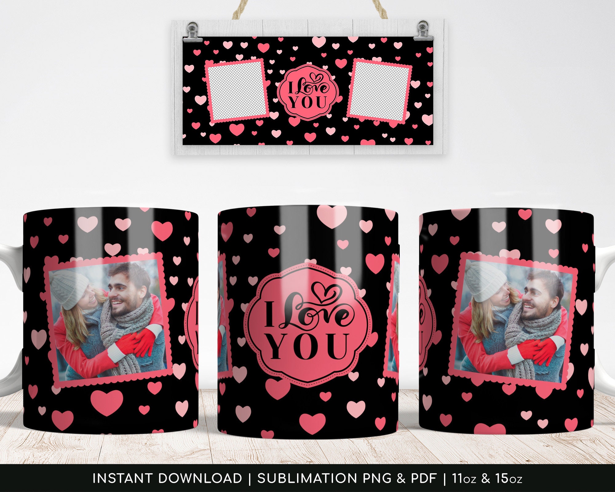 Love and Friendship Sublimation Mug PNG, PDF - xoxo pattern - two photos - Centralized pdf - 11oz | 15oz - High-Resolution Transparent PNG