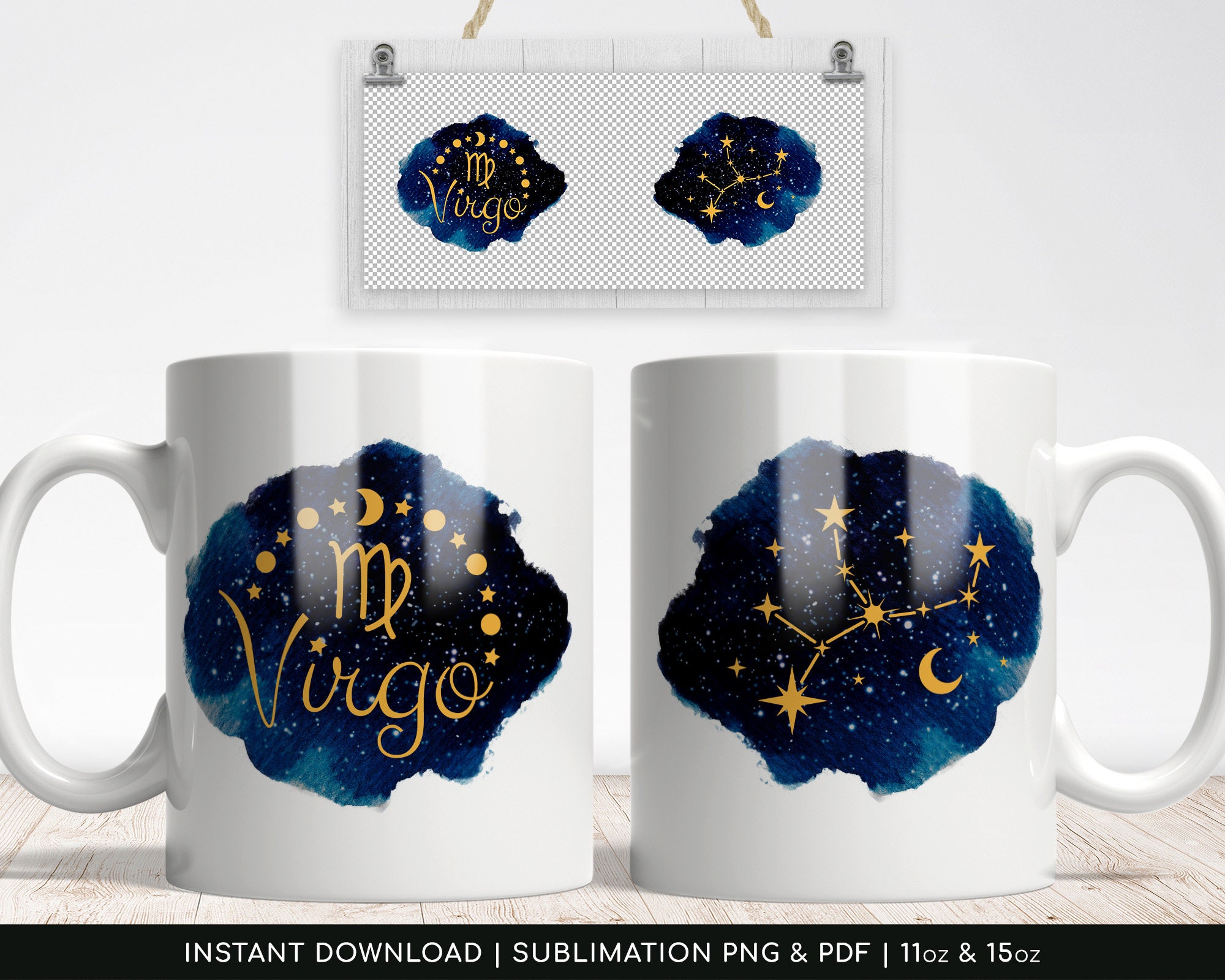 Sublimation Mug PNG, Virgo Zodiac Constellation, Sublimation Paper Centralized PDF - 11oz | 15oz - High-Resolution Transparent PNG