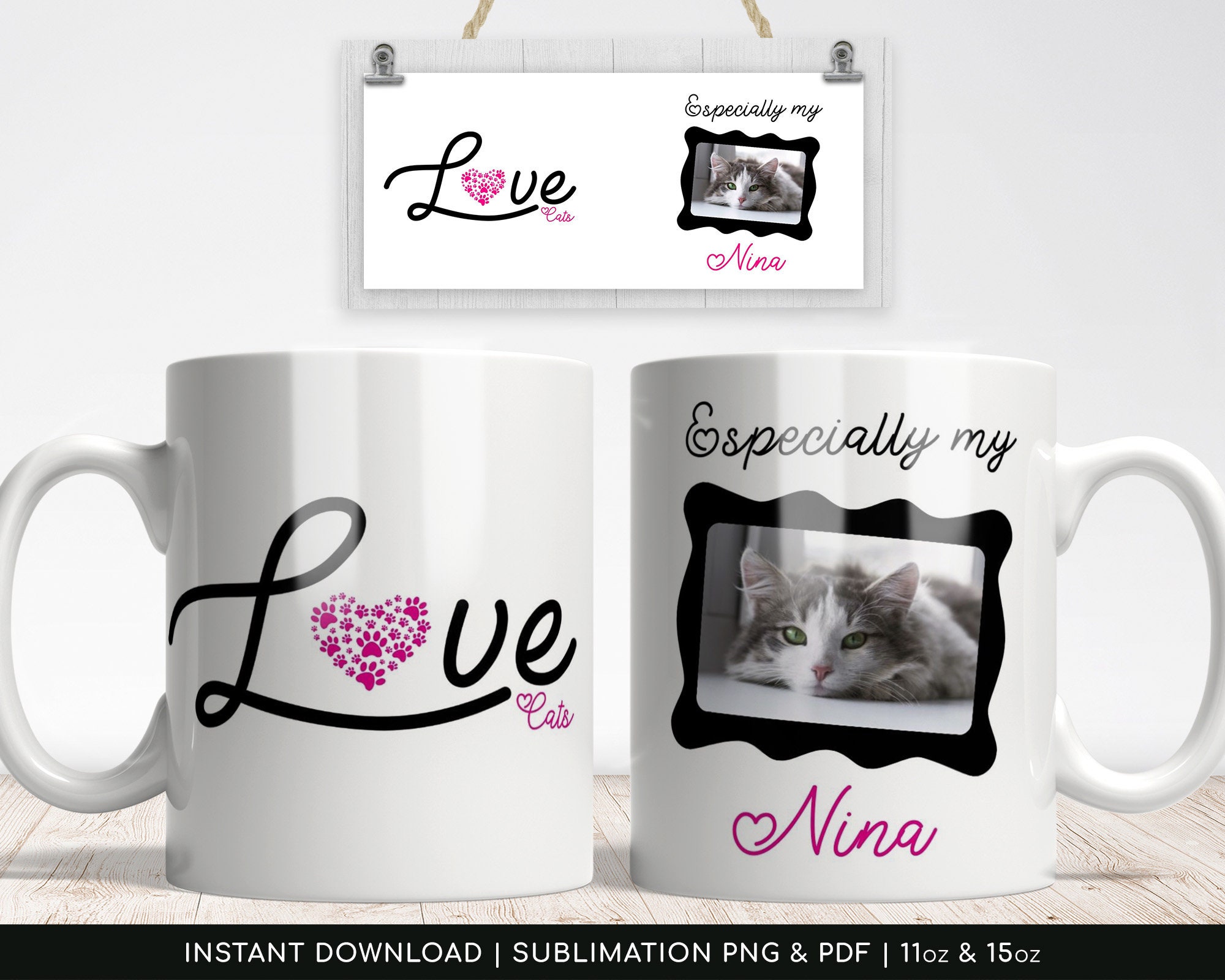 Love Cats PNG for Sublimation, Mug Design Template, Cat Lovers gift is a digital paper for transfer/sublimation design. Transparent PNG, PDF