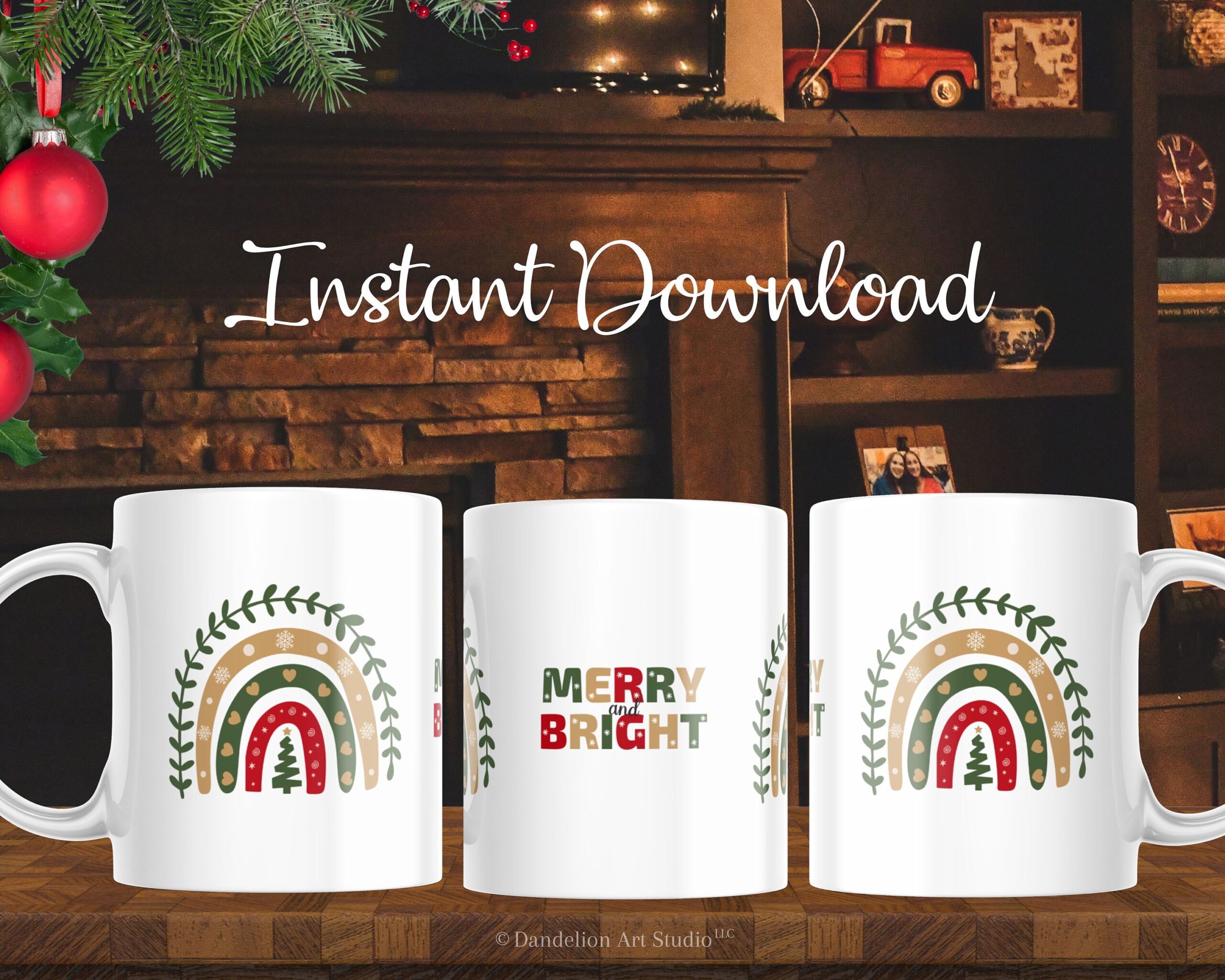 DIY Christmas Mug, Merry and Bright, Vintage Watercolor Rainbow PNG 11oz 15oz, Transfer mug press, Wrap Template, Instant Download
