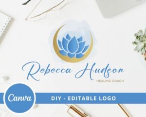 DIY Logo Design - This is a fully editable logo template: Blue Moon Lotus Healing Coach Logo, Spiritual Spa Yoga Logo - Instant Access