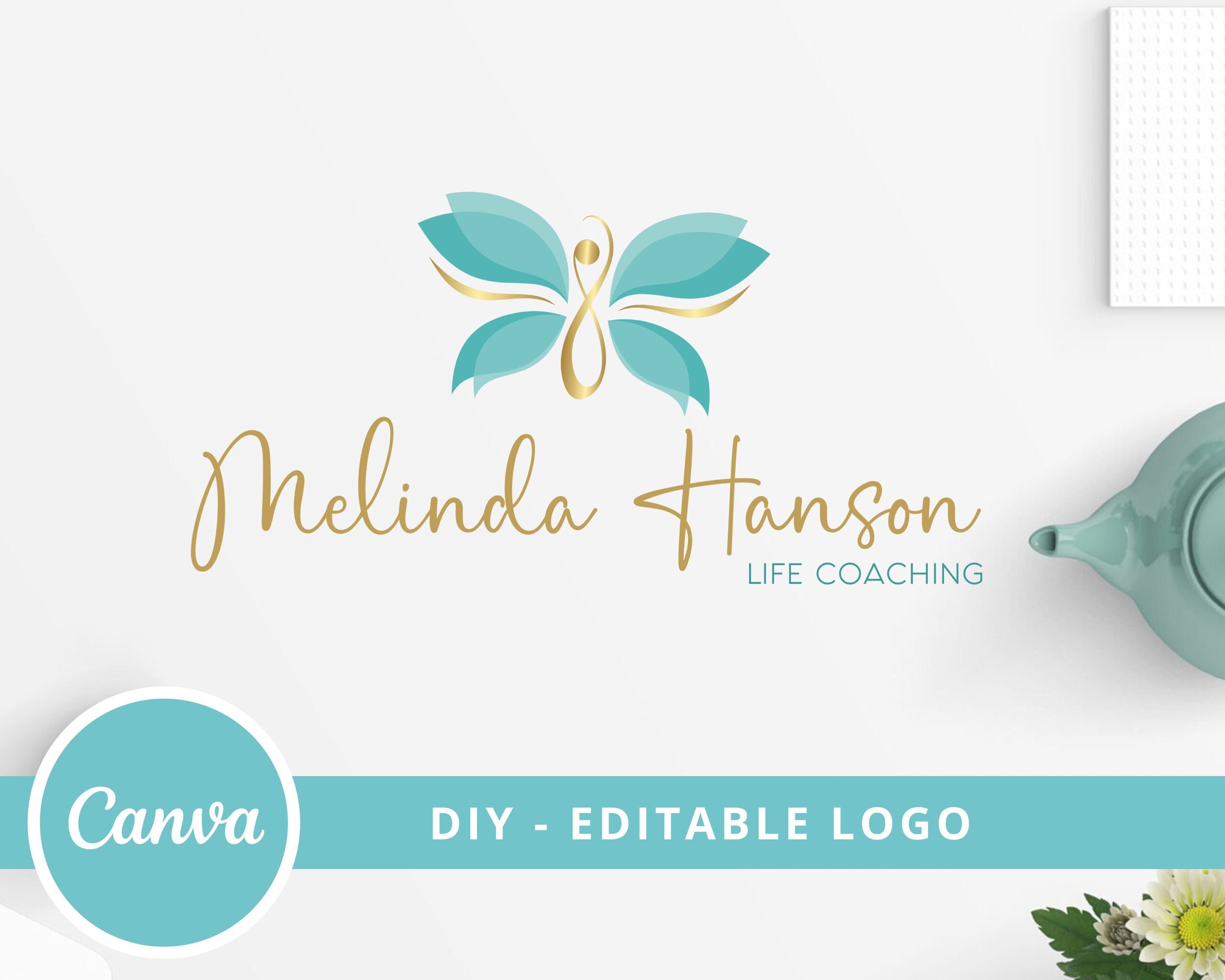 DIY Logo Design - Infinity Butterfly Teal Green Light, Editable Spiritual Logo Template, Yoga Logo, Wellness Life Coaching, Instant Access