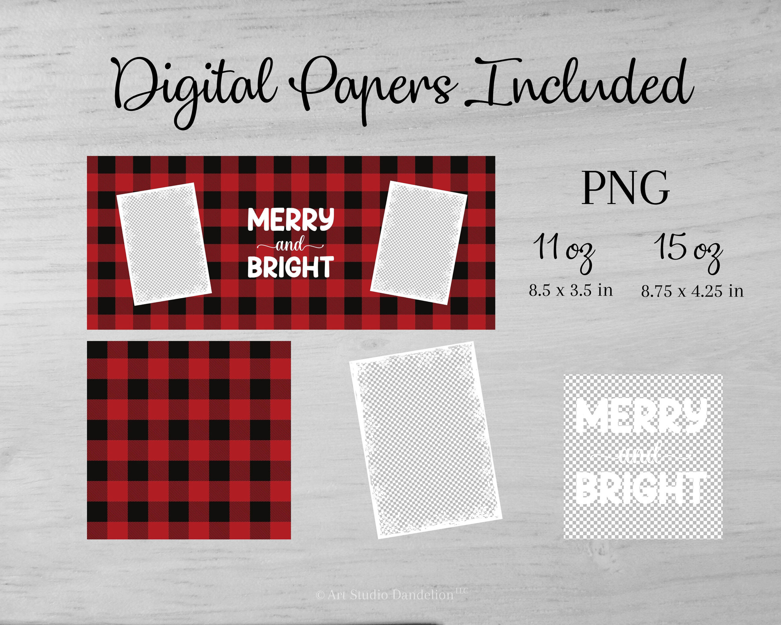 Christmas Checkered Photo Mug Design for Sublimation and Transfer. Merry and Bright PNG for Sublimation - Instant Download