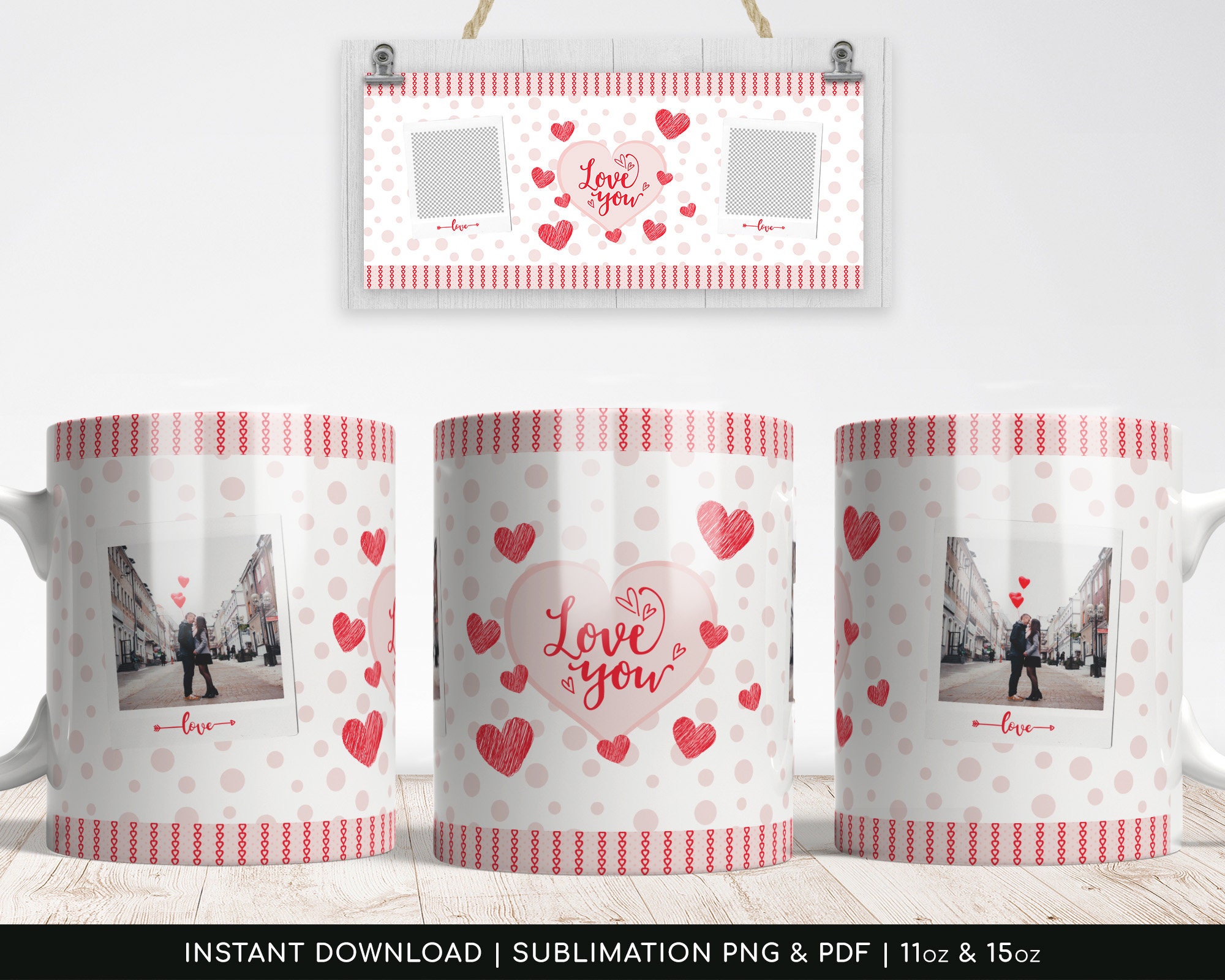 Love You Mug Template, Sublimation Valentines Design, Heart and Polka Dots Pattern, Transfers 11oz | 15oz - High-Resolution Transparent PNG