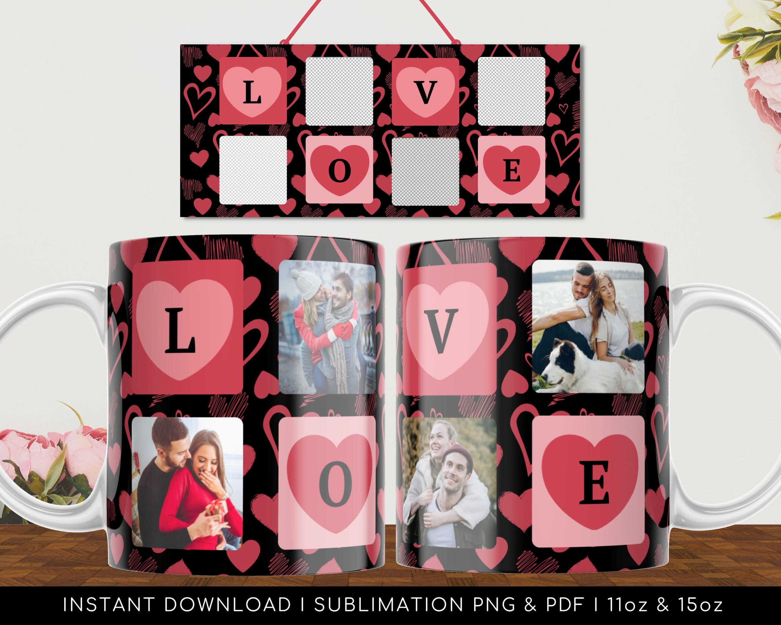 LOVE Heart Photo Grid Mug Design. Mug Wrap for Sublimation. Love pattern PNG and PDF 11oz | 15oz - High-Resolution Transparent png