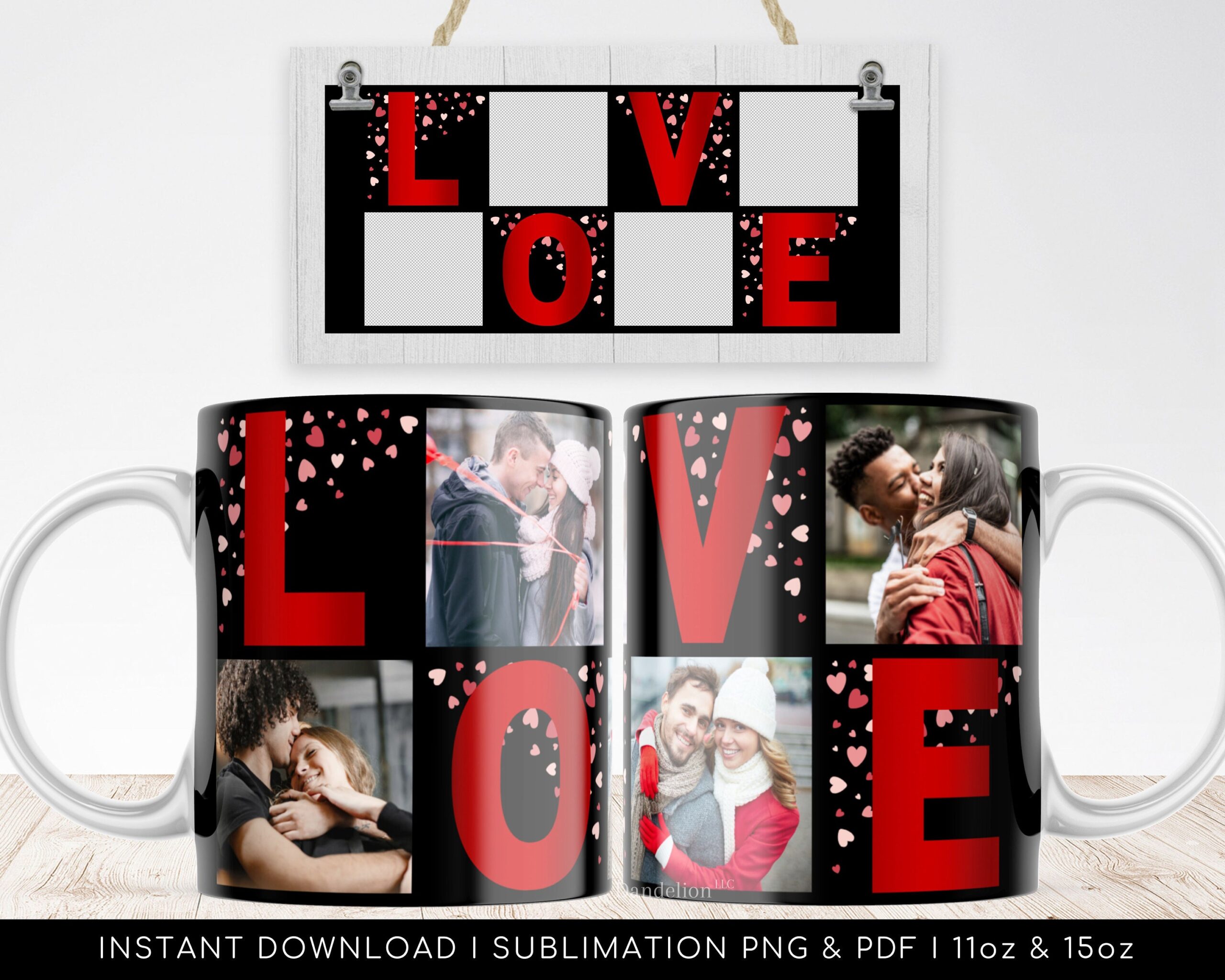 LOVE Photo Grid L O V E Mug Design. Sublimation Digital Paper. Love Design for Transfers 11oz | 15oz - High-Resolution Transparent PNG