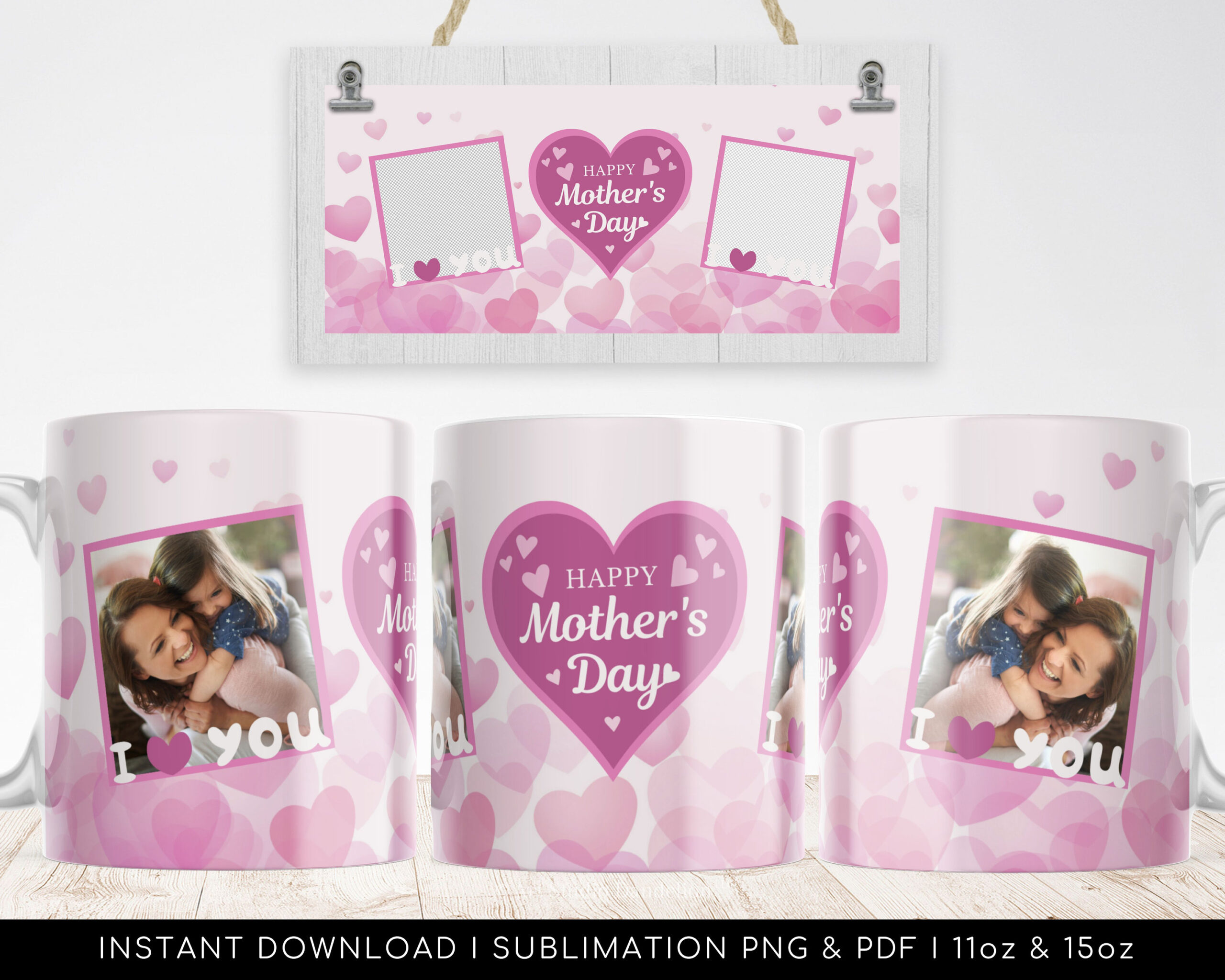 Happy Mother's Day Gift - I Love You Mom Mug Design PNG - Mother Sublimation Digital Paper. Transfers 11oz | 15oz - High-Res Transparent PNG