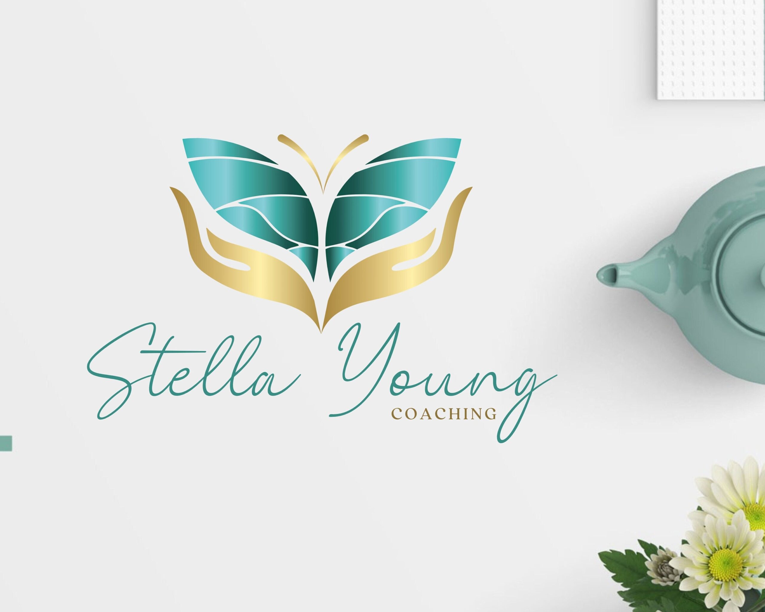 PREMADE LOGO Design, Butterfly Wings Coaching Logo - Wellness Center Logo, Hand Logo, Teal Green and Gold Logo, Counseling, Jewelry Branding