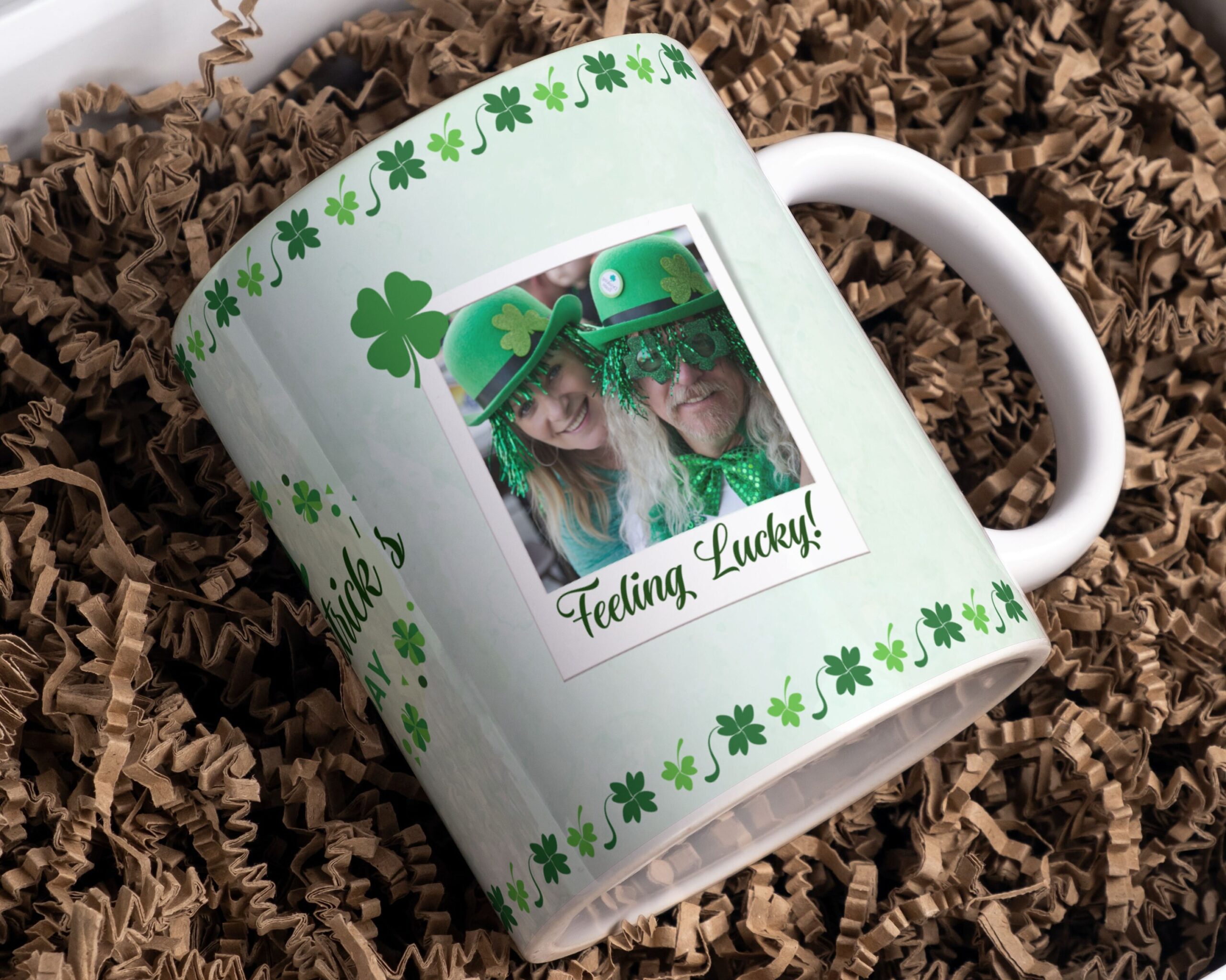 St. Patrick's Day - Two Photos Mug Template for Sublimation PNG, PDF - Feeling Lucky Mug Wrap 11oz | 15oz - High-Resolution Transparent PNG