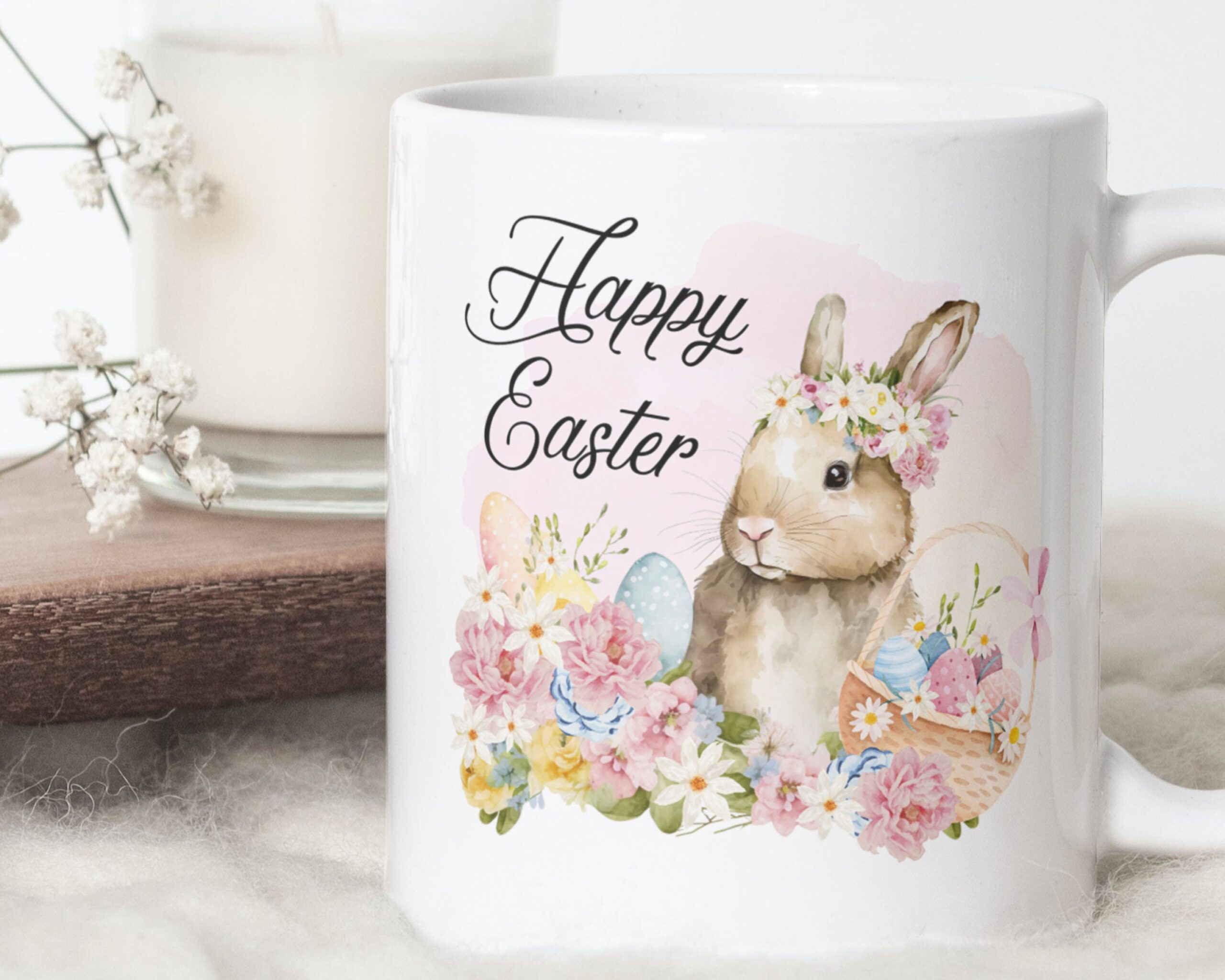 Sublimation Mug Design PNG - Cute Bunny Floral Mug Design, Happy Easter Basket Eggs, Watercolor Cute Baby Bunny - Sublimation Ready PNG