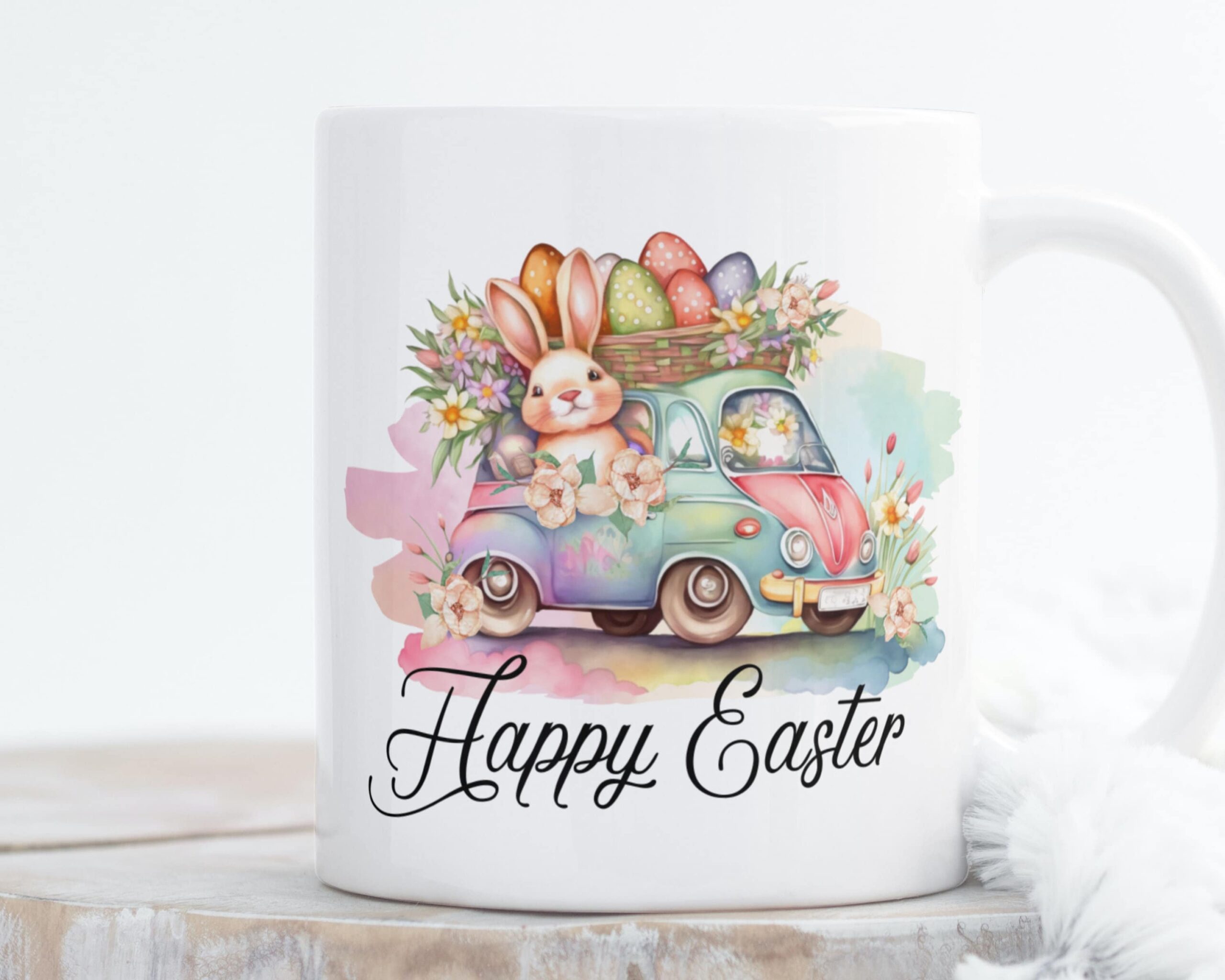 Sublimation PNG - Watercolor Easter Bunny Car, Flowers & Eggs, Cute Floral Easter Eggs Car Mug Design, Easter Design - Transparent PNG files