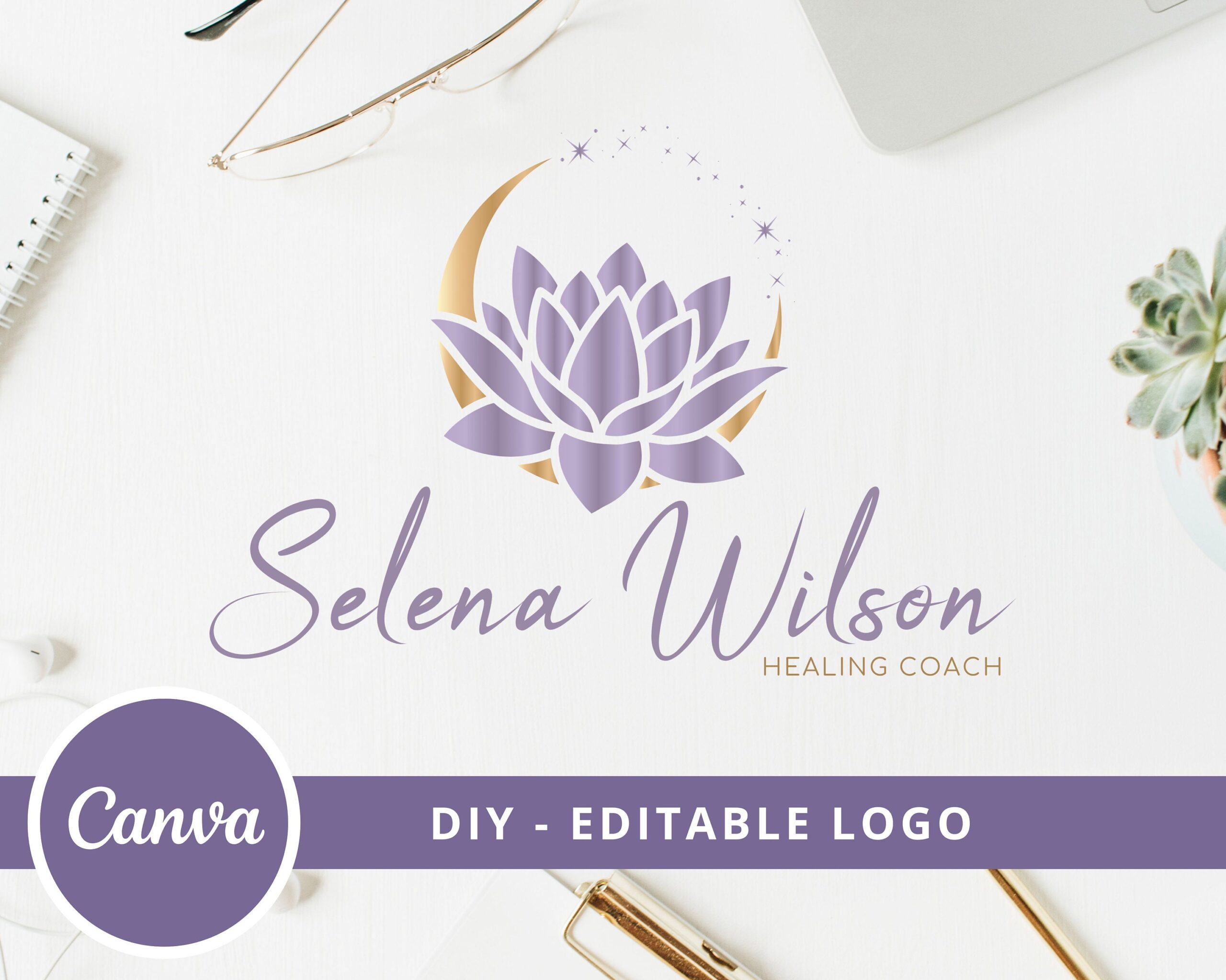 DIY Logo Design Template - Purple Lotus Flower, Moon Logo, Gold Moon, Wellness, Healing Coach Logo, Spiritual Spa Yoga Logo - Instant Access