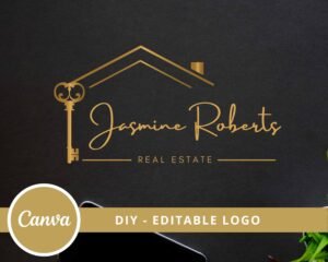 Premade Logo Design - Vintage Key House Logo - DIY Editable Template, Canva Logo Change texts, colors, fonts, Edit-Download - Instant Access