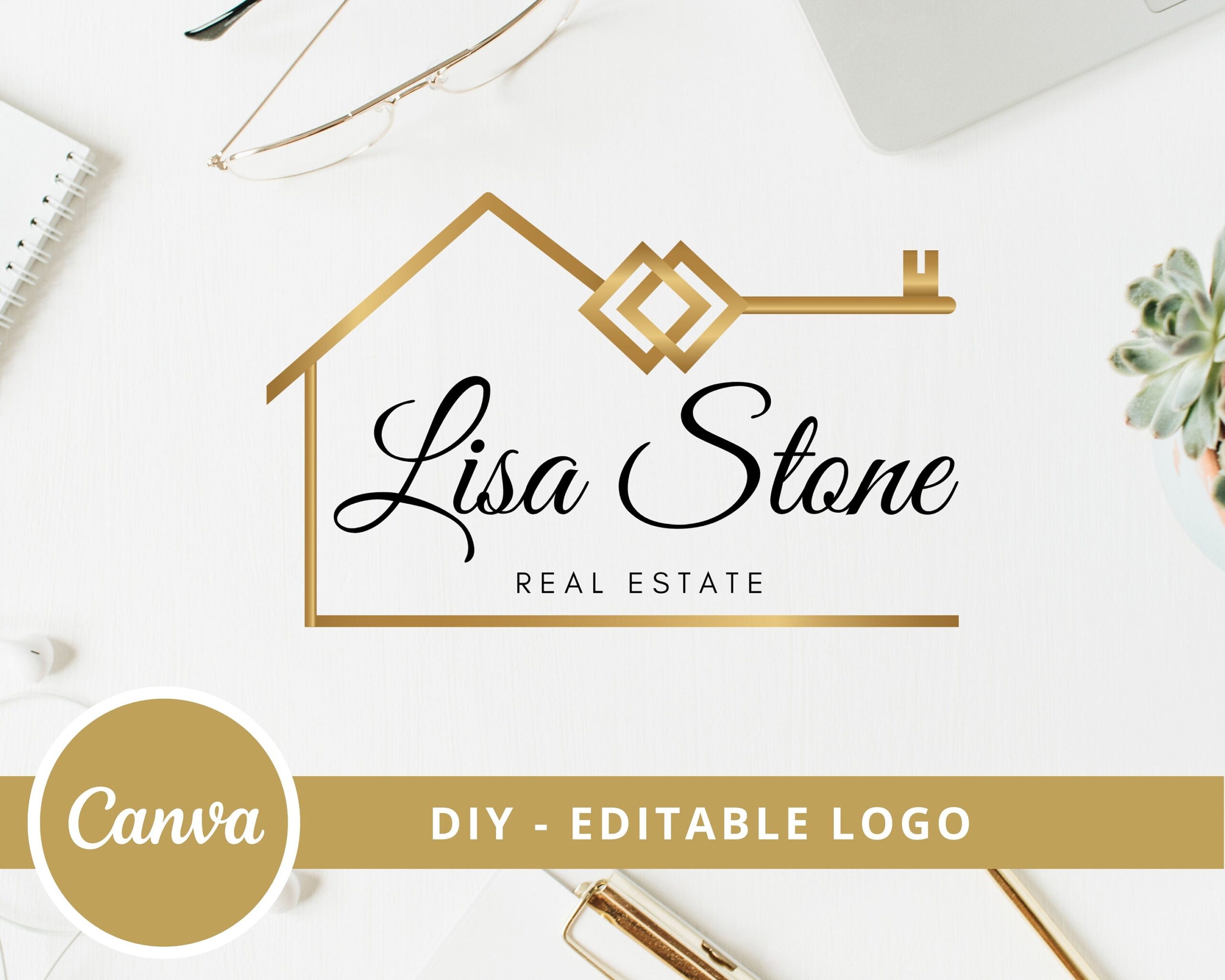 DIY Premade Logo Design Template for Real Estate Agents - Golden Logo, Signature Logo, House and Key Logo - DIY Design - Instant Access