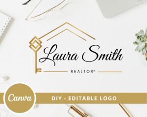DIY Premade Logo Design, Luxury Real Estate Logo is an editable Canva logo template. Golden Key Logo, House Logo, Signature - Instant Access