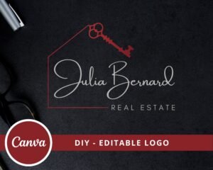 DIY Editable Template, Red House Logo, Key, Logo, Canva Logo Change texts, colors, fonts, Premade Logo, Edit-Download - Instant Access