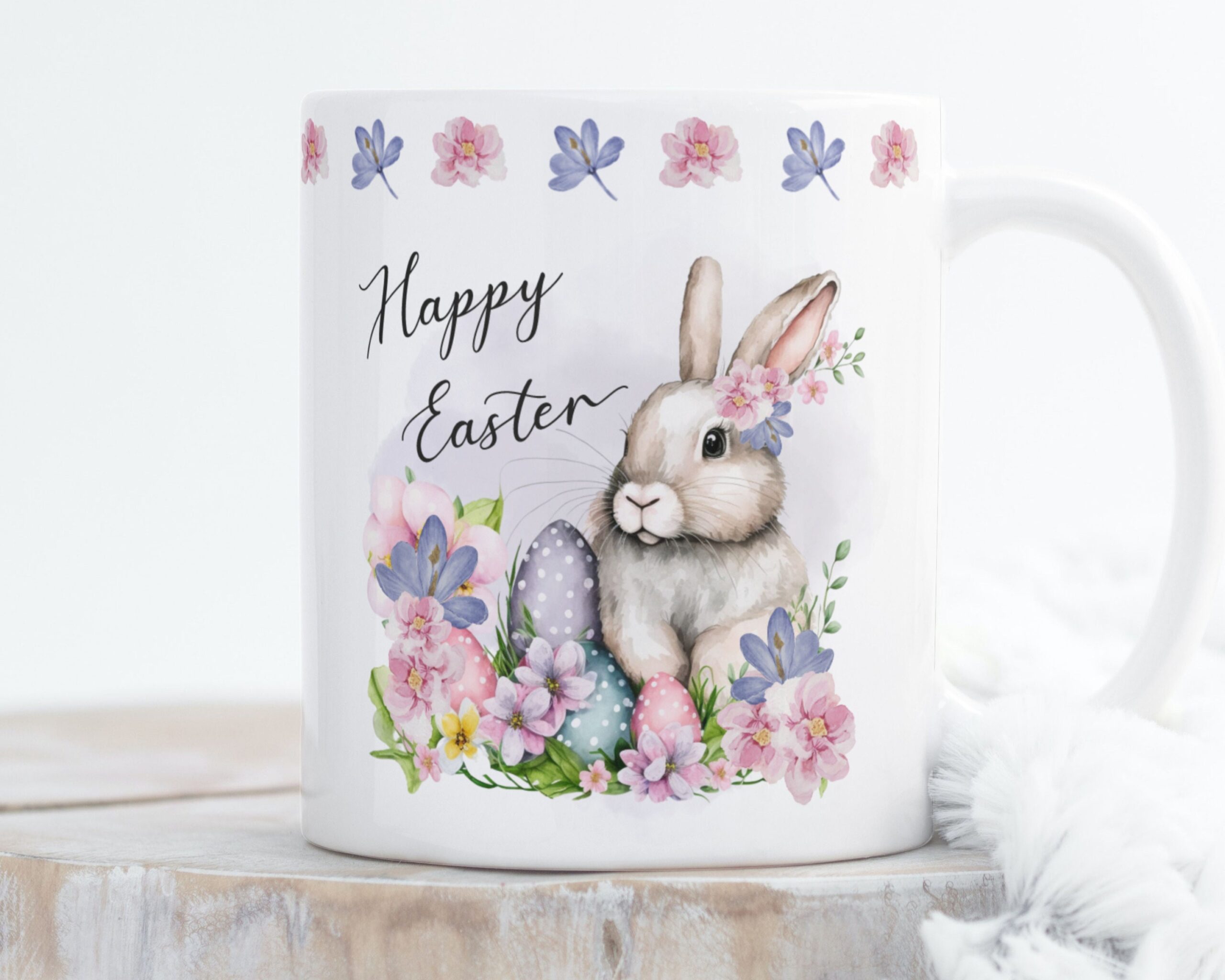 Sublimation Mug Design PNG - Happy Easter Cute Floral Bunny Watercolor, Easter Bunny Floral Mug Design - Sublimation Ready PNG