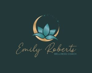 Premade Logo Design, Teal Green Moon Lotus Yoga Logo, Wellness Life Coaching, Psychology, Spa Logo, Cosmetic, Organic, Green and Gold Logo