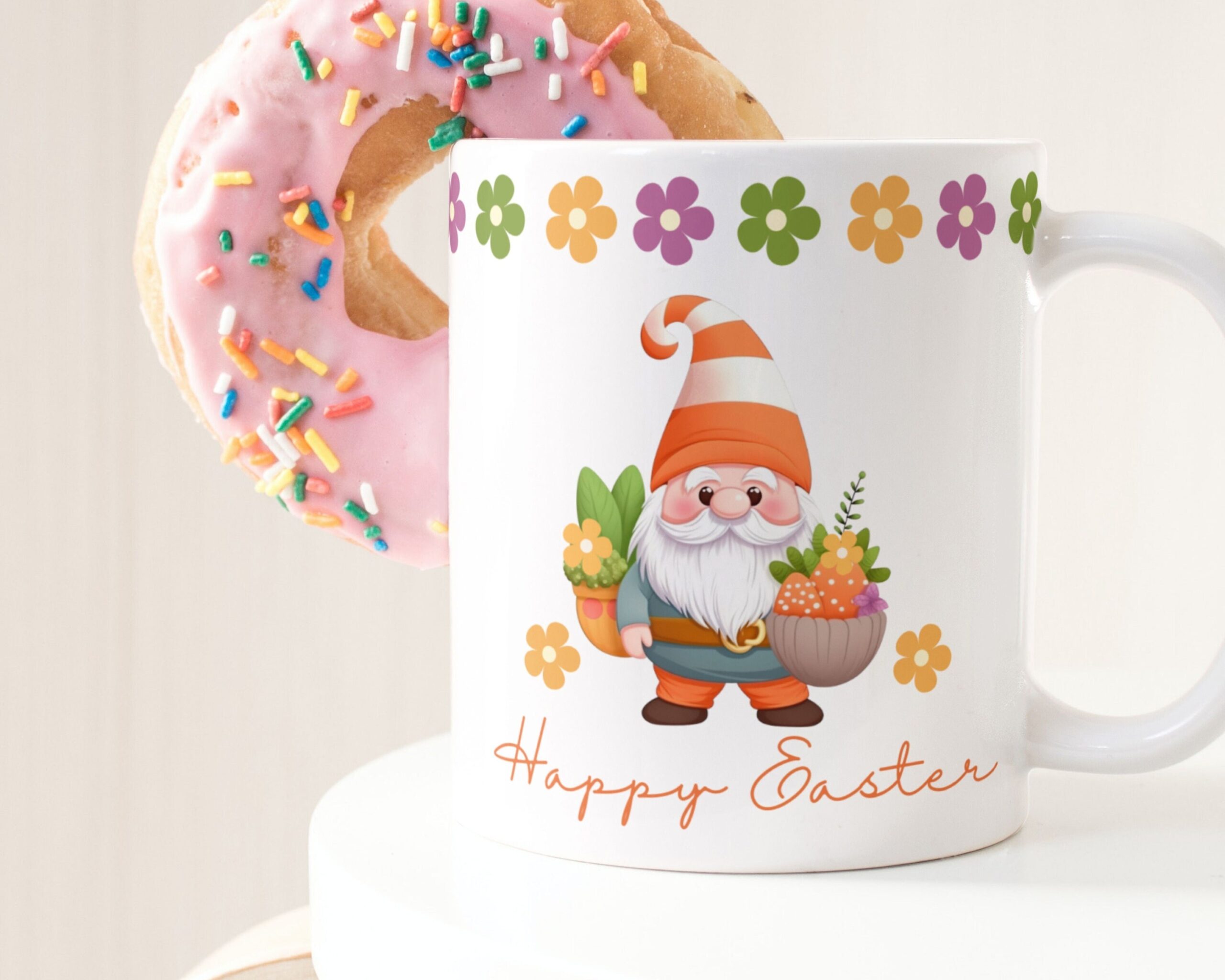 Sublimation Mug Design PNG - Easter Gnome with eggs and flowers, Easter Eggs, Floral Mug Design, Cute Gnome - Sublimation Ready PNG