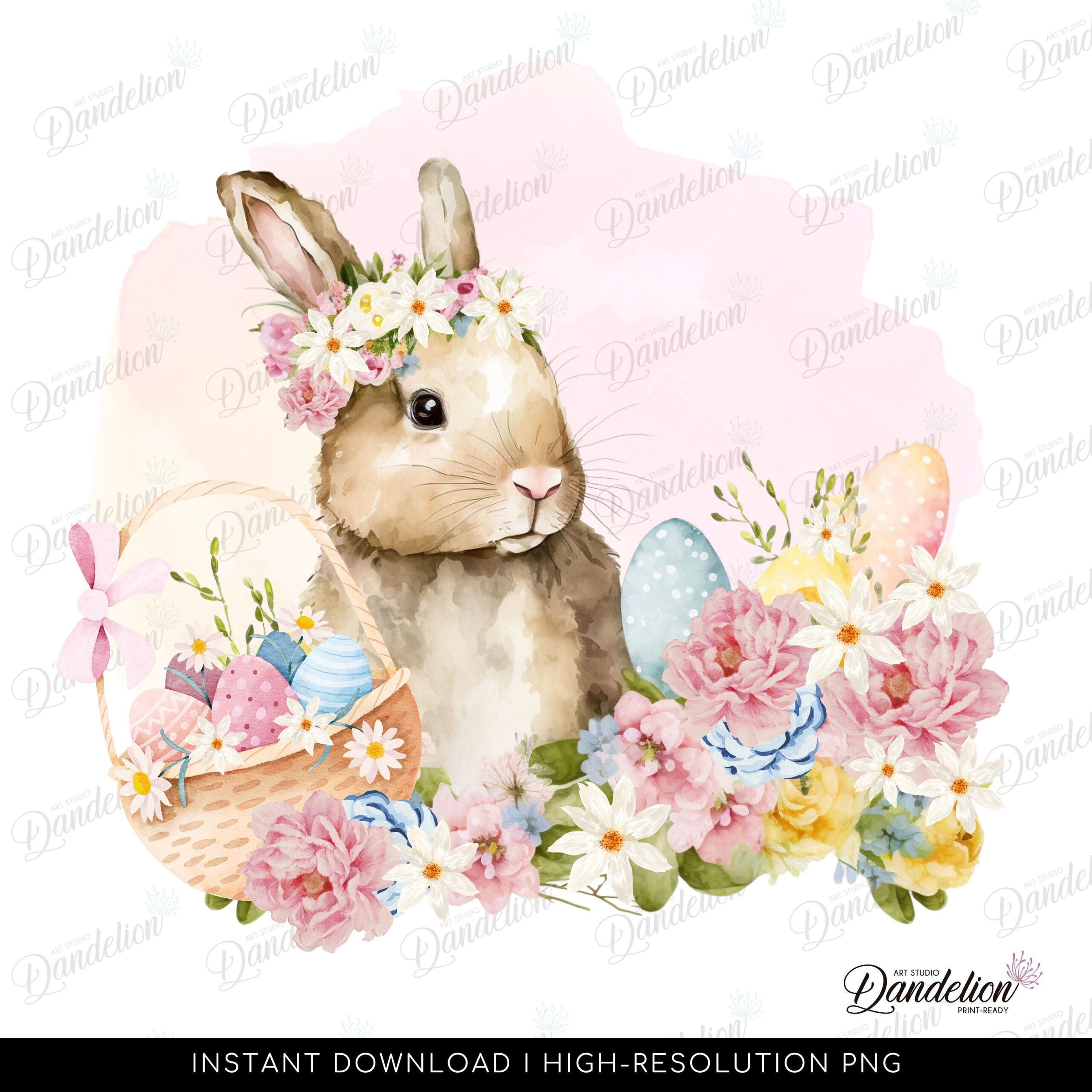 Cute Floral Bunny PNG, High-Resolution file for Sublimation. Watercolor Easter Bunny, Cute Easter Bunny, Floral, Vintage Bunny PNG