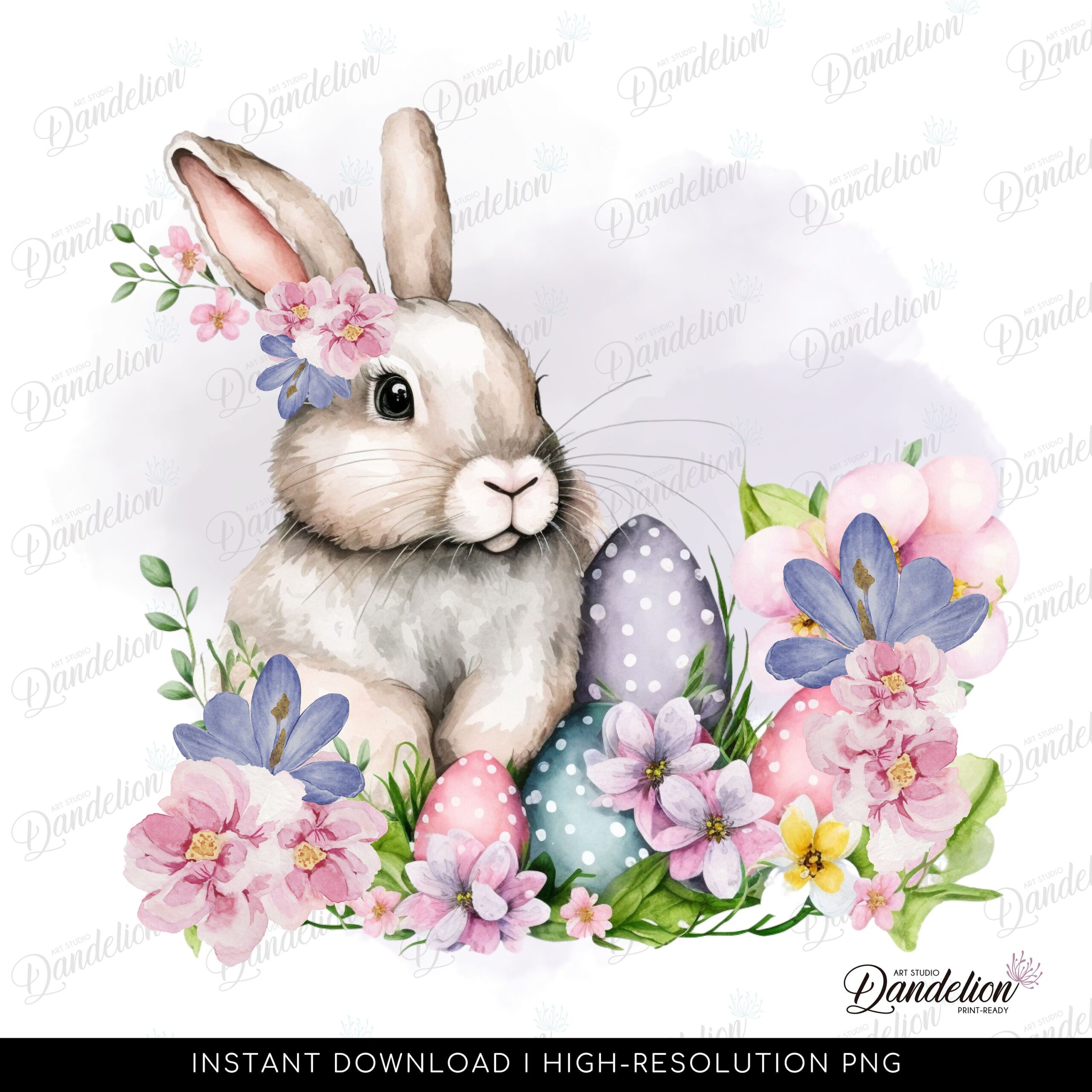Sublimation PNG Design, Watercolor Easter Bunny, Cute Bunny, Floral Bunny, Cute Easter Bunny with Eggs - High-Resolution Transparent png
