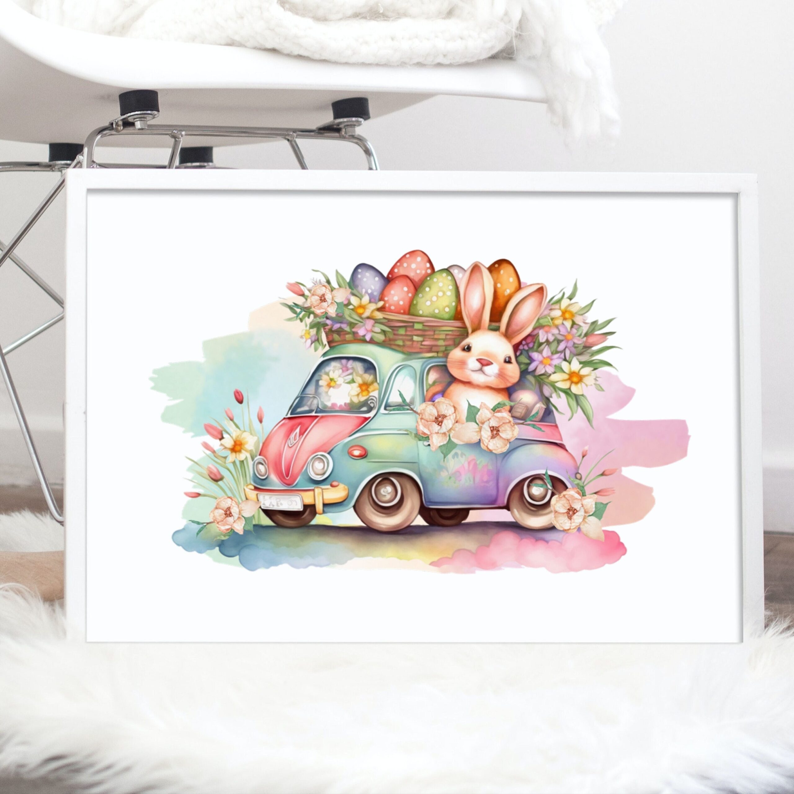 Transparent Watercolor PNG for Sublimation, Cute Easter Bunny, Floral Car, Colorfull Eggs, Watercolor Easter Car Floral Bunny. Template PNG
