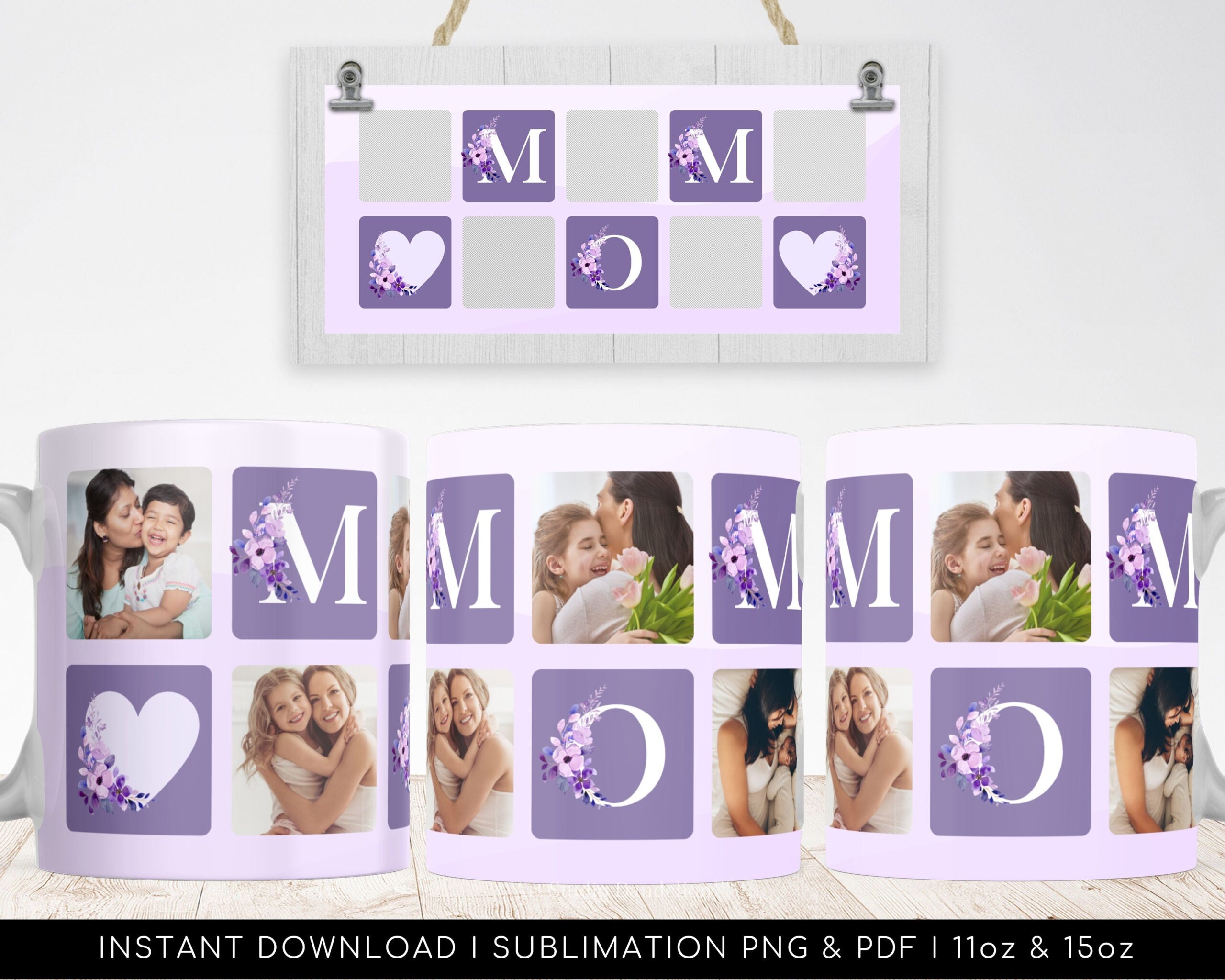MOM Floral Photo Grid Purple Mug Design. Mother Sublimation Digital Paper. Mom pattern for Transfers 11oz | 15oz - High-Resolution PNG