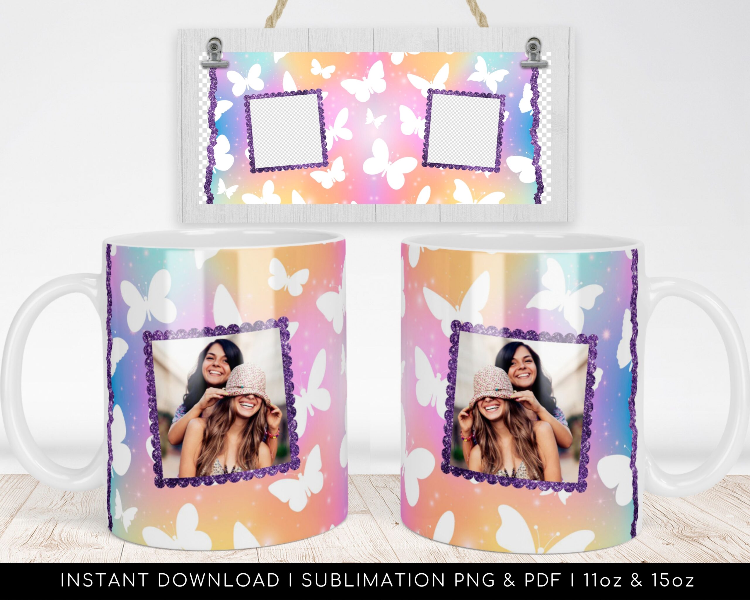 Custom Photo Mug PNG Sublimation Template - Purple Butterfly Pattern, Rainbow Watercolor Photo Frame. Wrap Transfers Design. High-Resolution