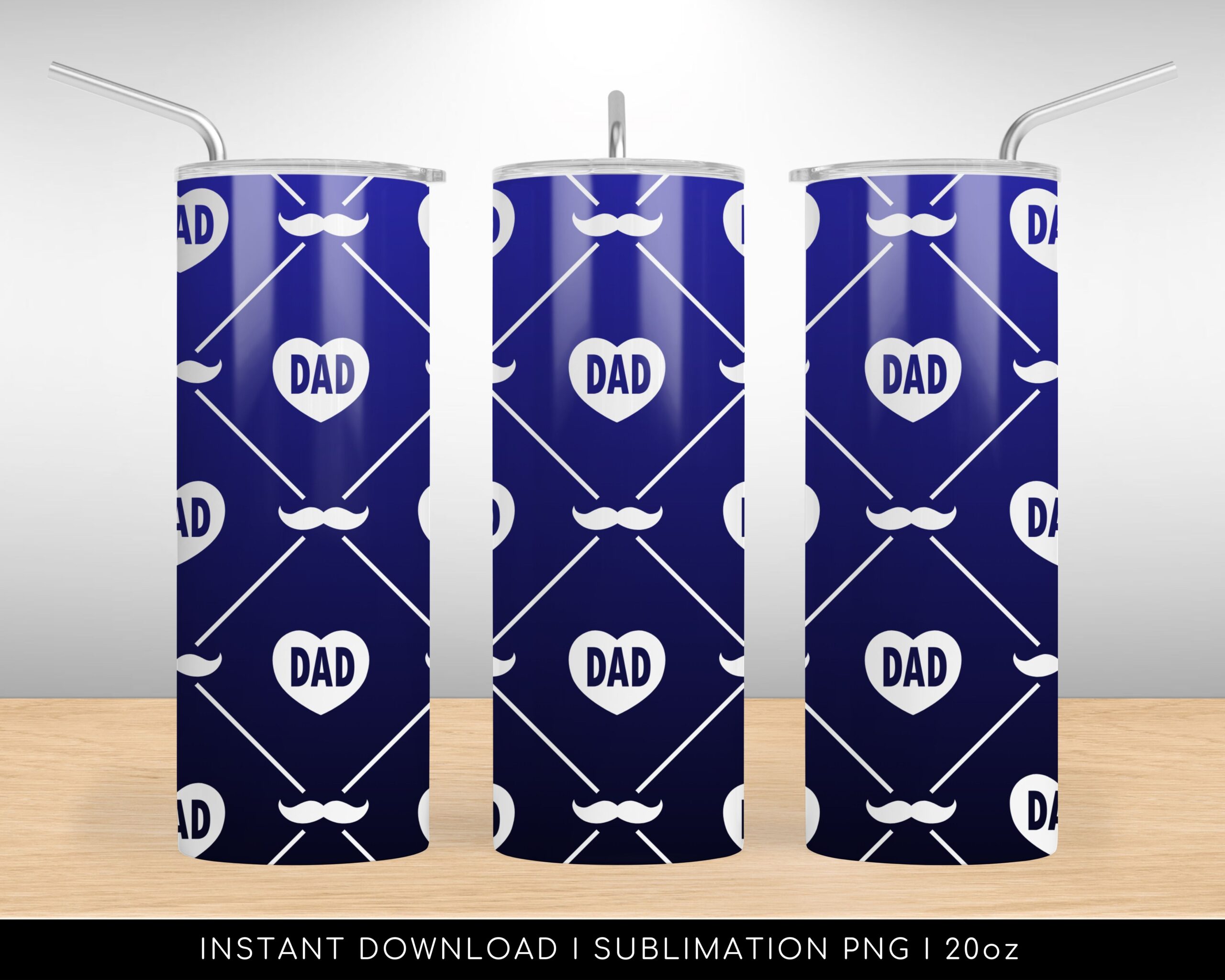 Tumbler Design PNG File for Sublimation. Dad Heart Mustache Blue Pattern, 20 oz Skinny Tumbler Wrap Design PNG File. Instant Download