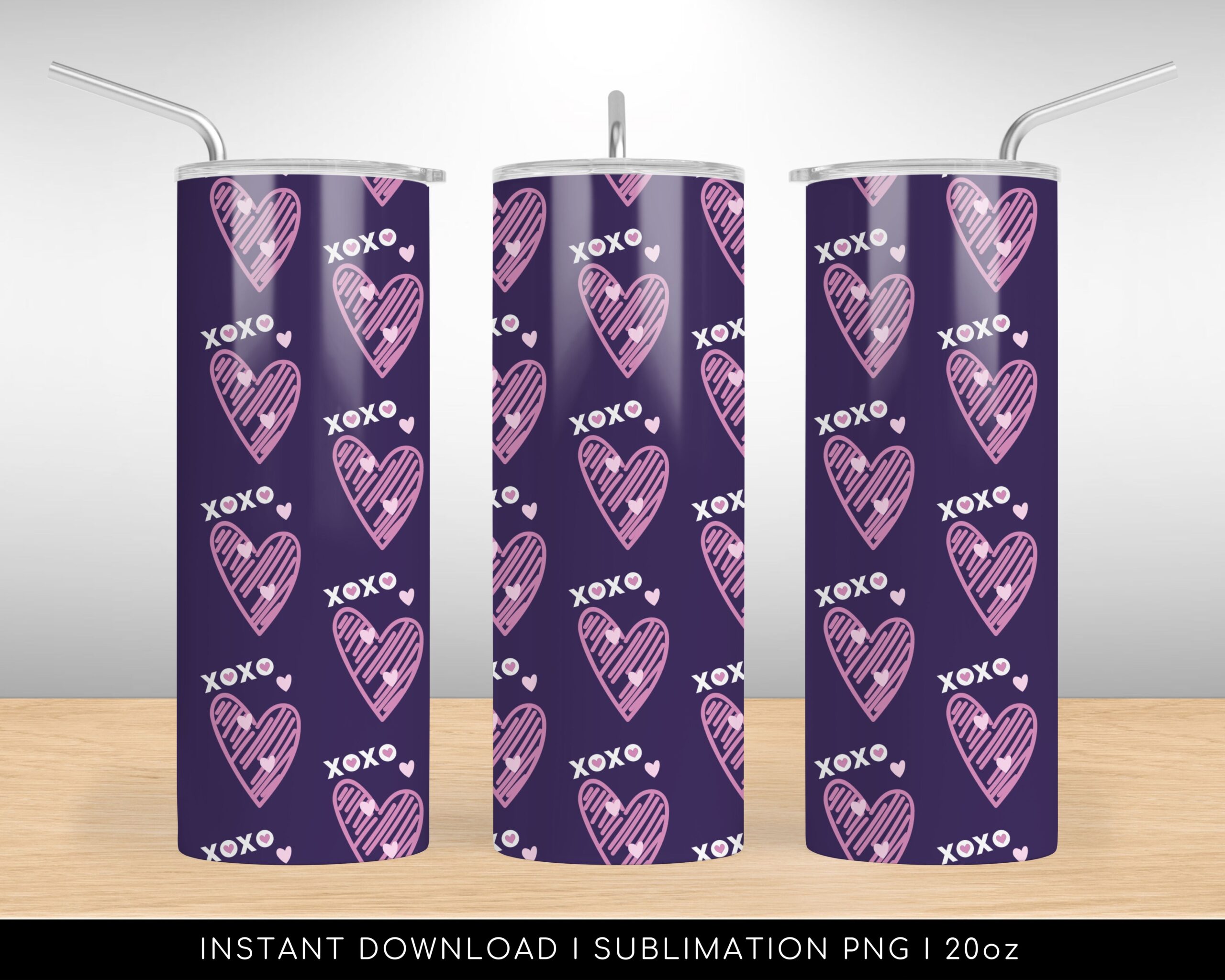 Sublimation Tumbler Design, XoXo Purple Pattern, Heart Drawing, Love Friendship, 20 oz Skinny Tumbler Wrap Design PNG File. Instant Download