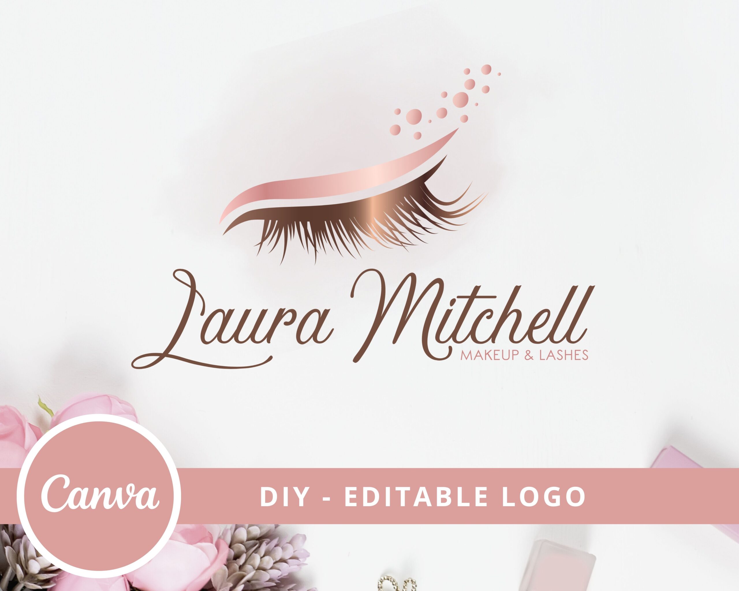 DIY Lash Logo Design, Rose Gold Signature Lash Logo. Instant Access Editable Template. Beauty Salon Logo - Easy to Use, Edit and Download!