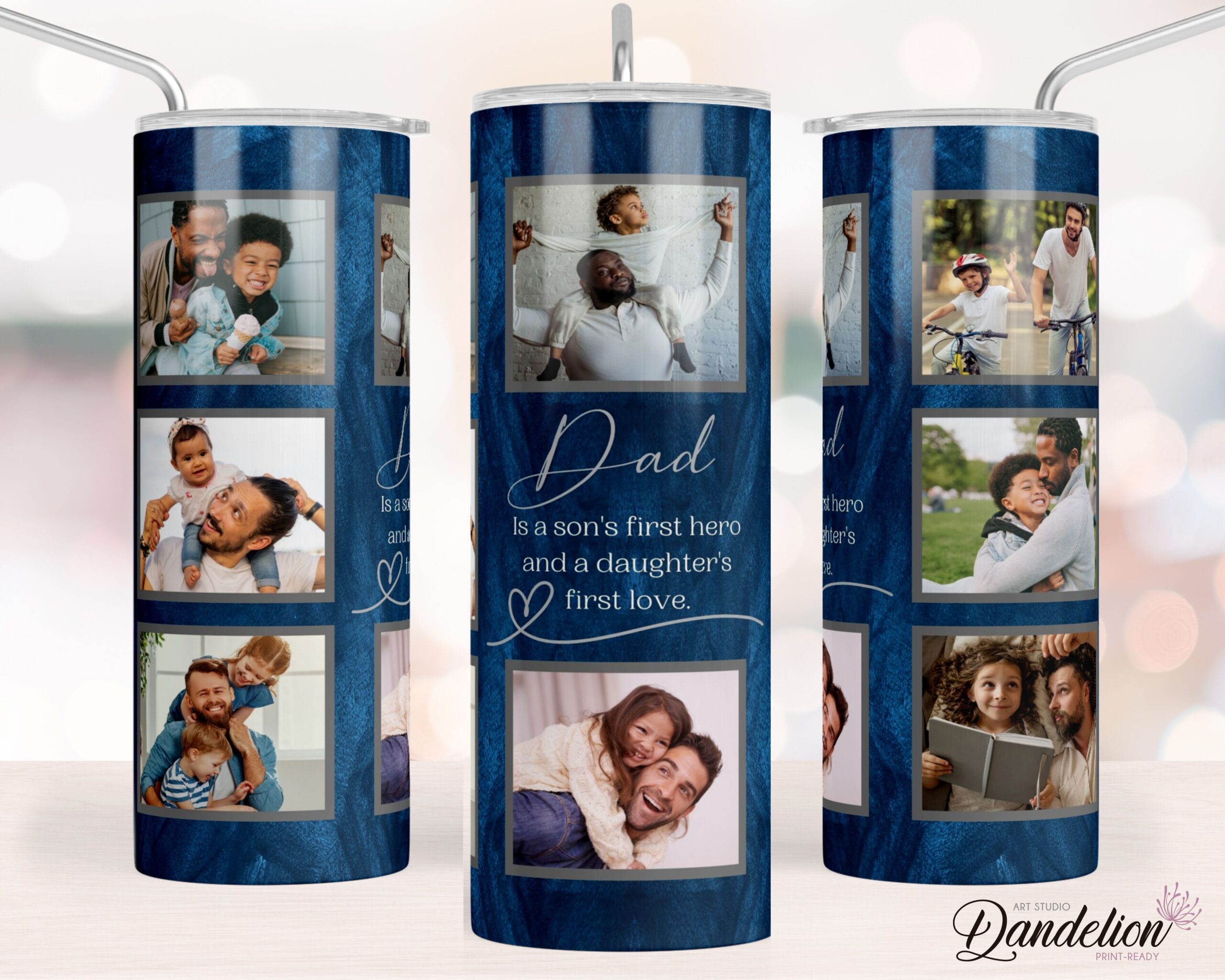 Dad Tumbler Wrap PNG File for Sublimation. Blue Photo Tumbler Design, Add Your Own Photos, 20 oz Skinny Tumbler PNG File - Instant Download