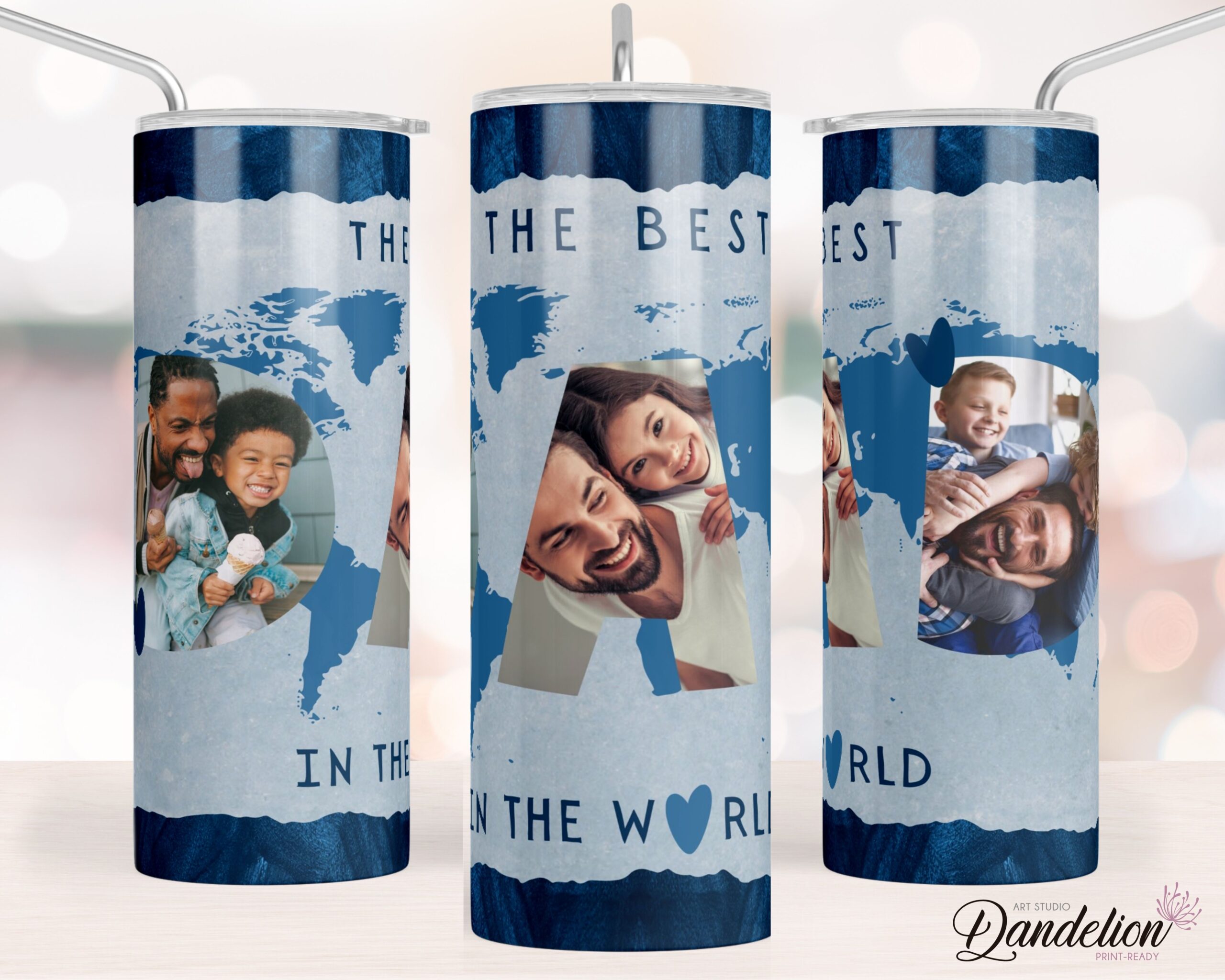 Dad Tumbler Wrap PNG File for Sublimation. Blue Photo Tumbler Design, Add Your Own Photos, 20 oz Skinny Tumbler PNG File - Instant Download