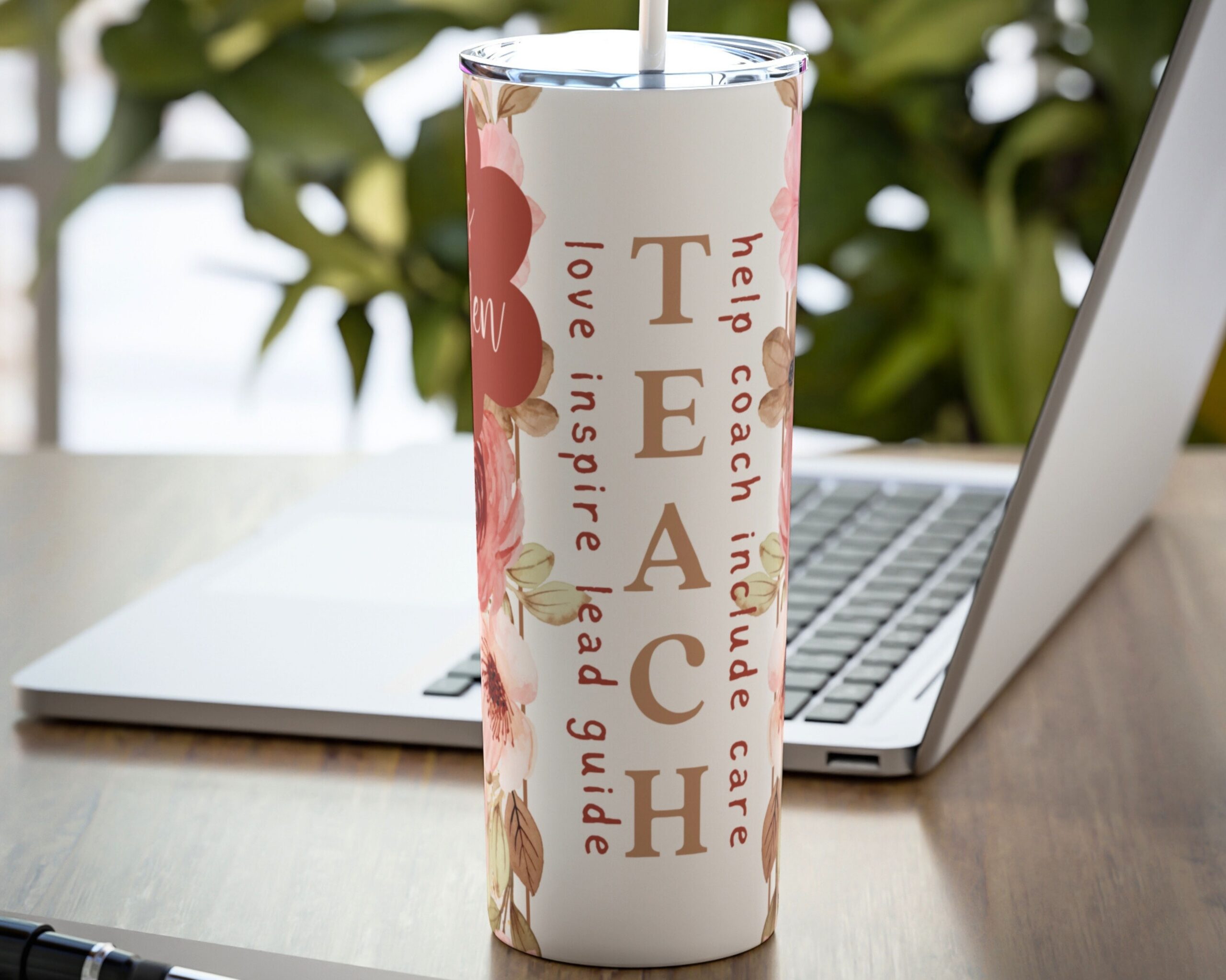 Teacher Floral Pink and Gold Add Text - Tumbler 20oz