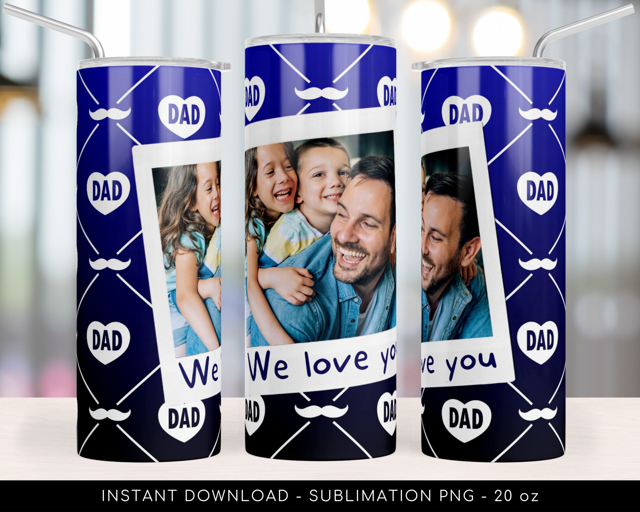 Custom Photo Tumbler PNG File for Sublimation. Dad Tumbler Wrap PNG File, Blue Pattern, Add Your Own Photos, 20 oz Skinny. Instant Download