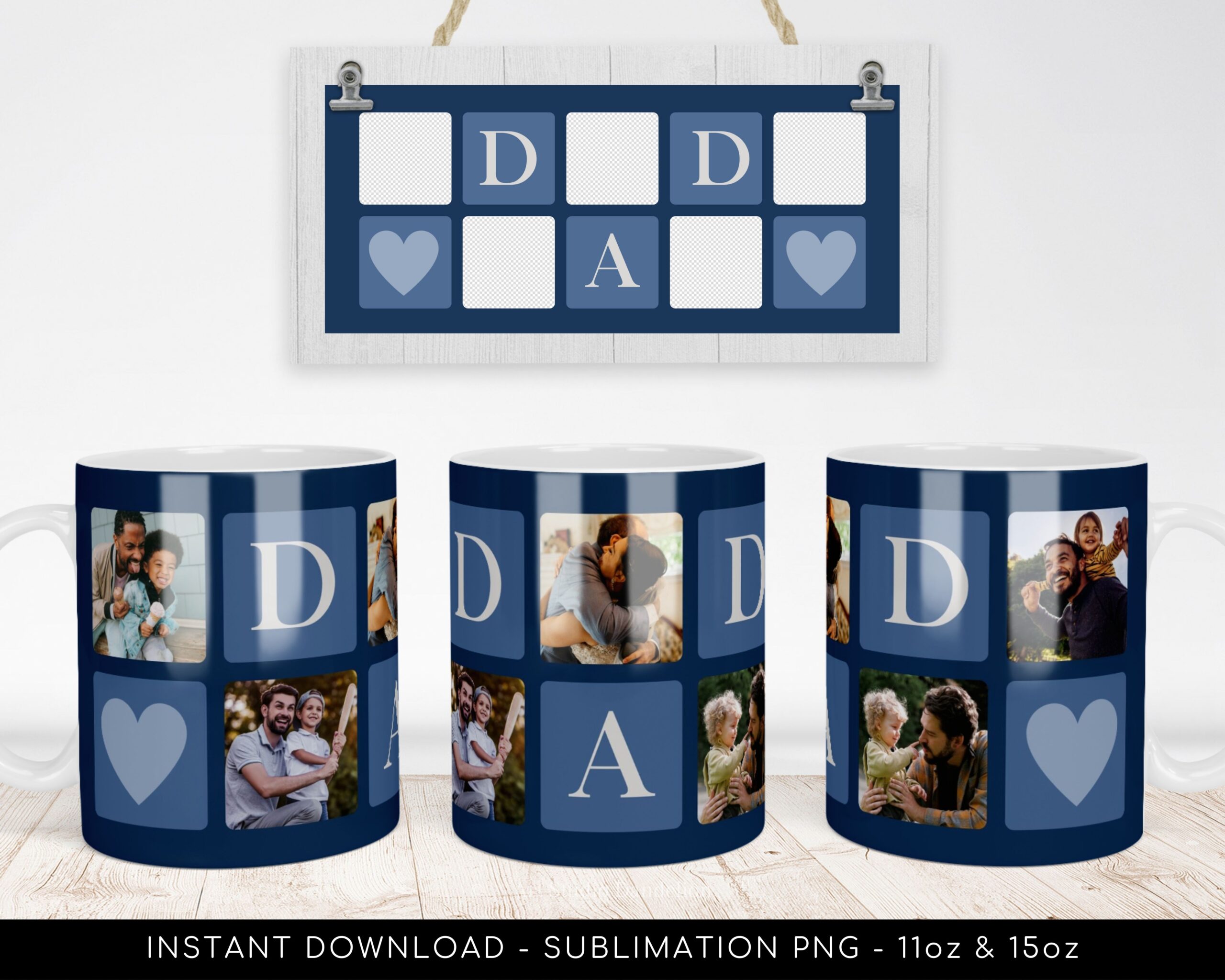 Dad Photo Mug PNG File for Sublimation. Dad Blue 5-Photos Grid Mug Template, Custom Photo Mug png - DIY Mug Father's Day - Instant Download