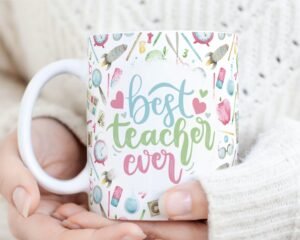 Best Teacher Ever Mug Sublimation PNG File, Vintage School Mug PNG, Cute Teacher Mug PNG, Teacher Gift Mug, School Watercolor Pattern Mug.