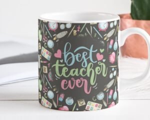 Best Teacher Ever Mug Sublimation PNG File, Vintage School Mug PNG, Cute Teacher Mug PNG, Teacher Gift Mug, School Watercolor Pattern Mug.