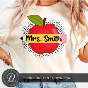 Teacher PNG, Teacher Apple Sublimation, Custom Teacher Name Wrap, Teacher Appreciation, Dalmatian Pattern PNG, Pencil Name Frame Clipart.