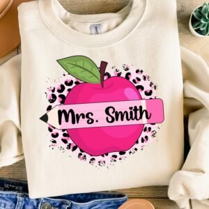 Teacher PNG, Teacher Apple Sublimation, Custom Teacher Name Wrap, Teacher Appreciation, Pink Cheetah Pattern PNG, Pencil Name Frame Clipart.